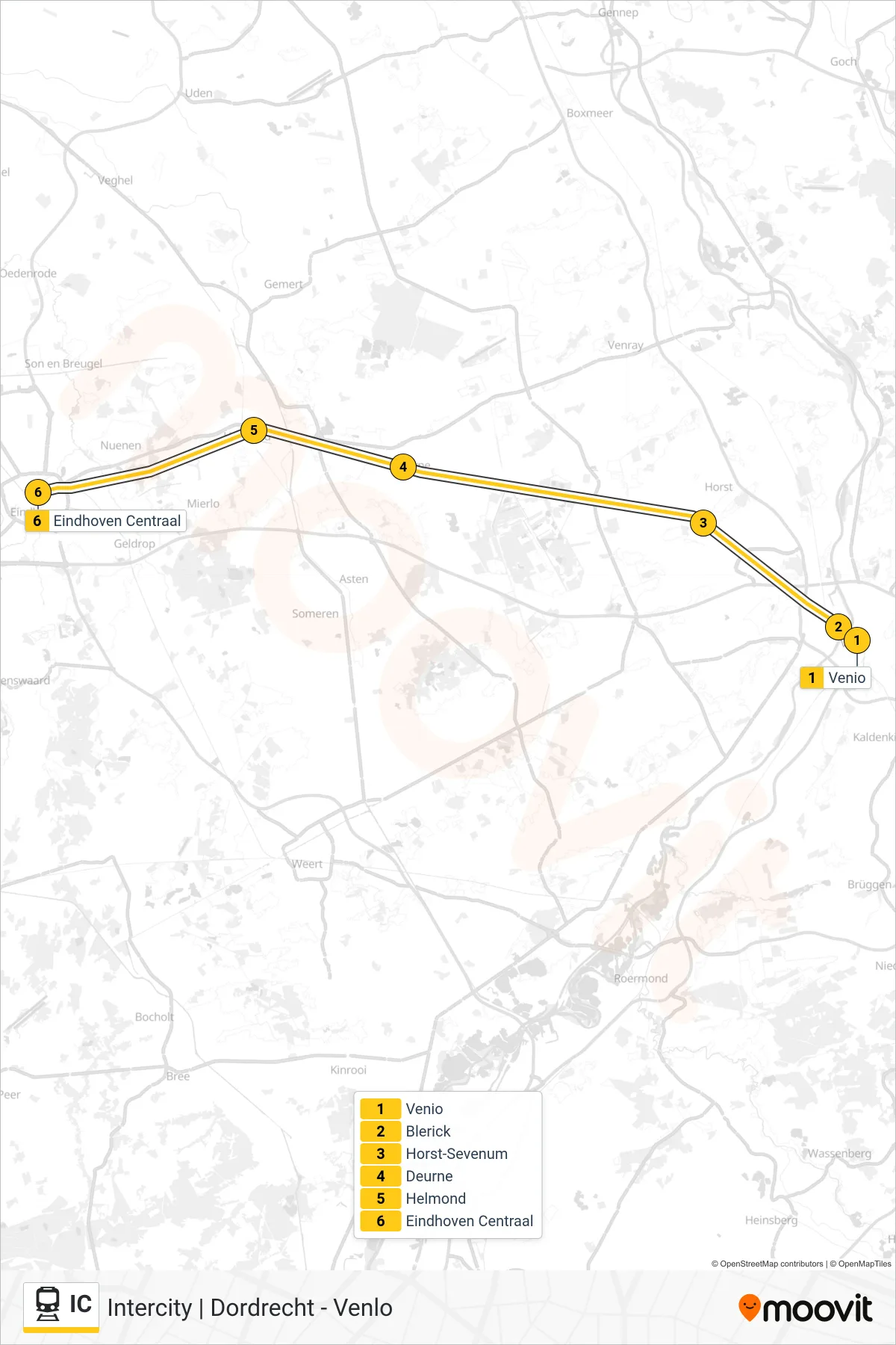 Lijn IC (trein, Eindhoven Centraal): route en haltes op de kaart