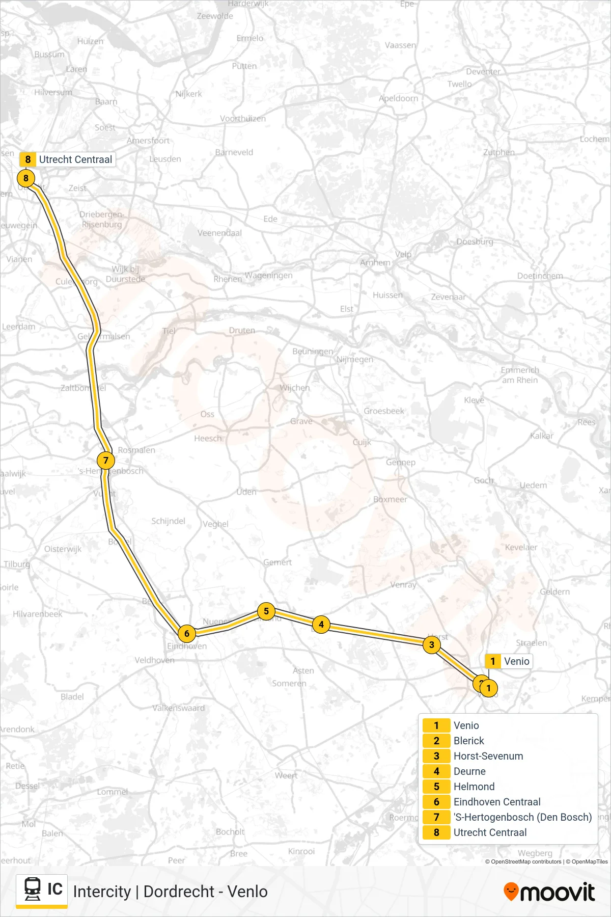 IC train Line (Den Haag Centraal) route and stops on a map