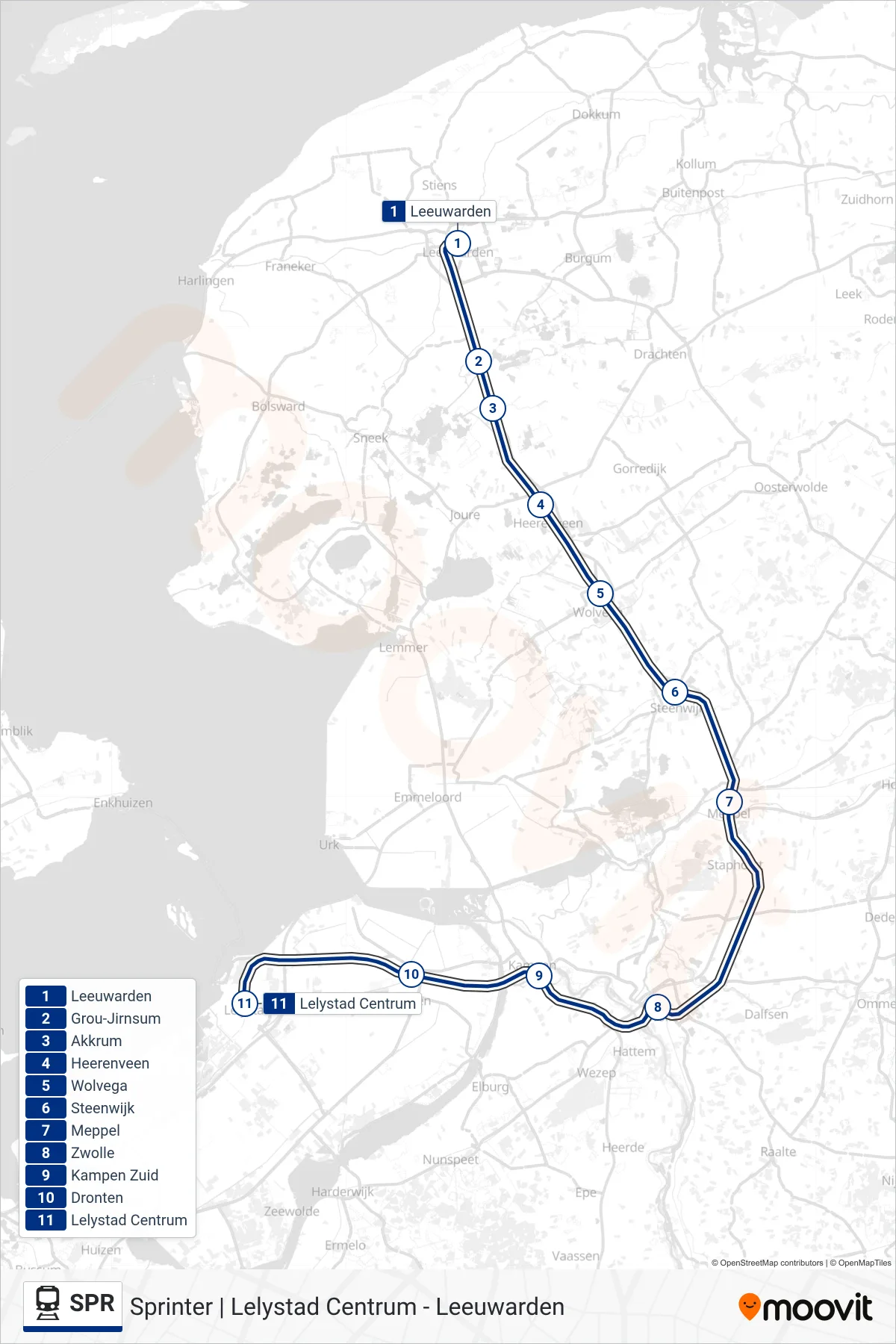 Lijn SPR (trein, Lelystad Centrum): route en haltes op de kaart