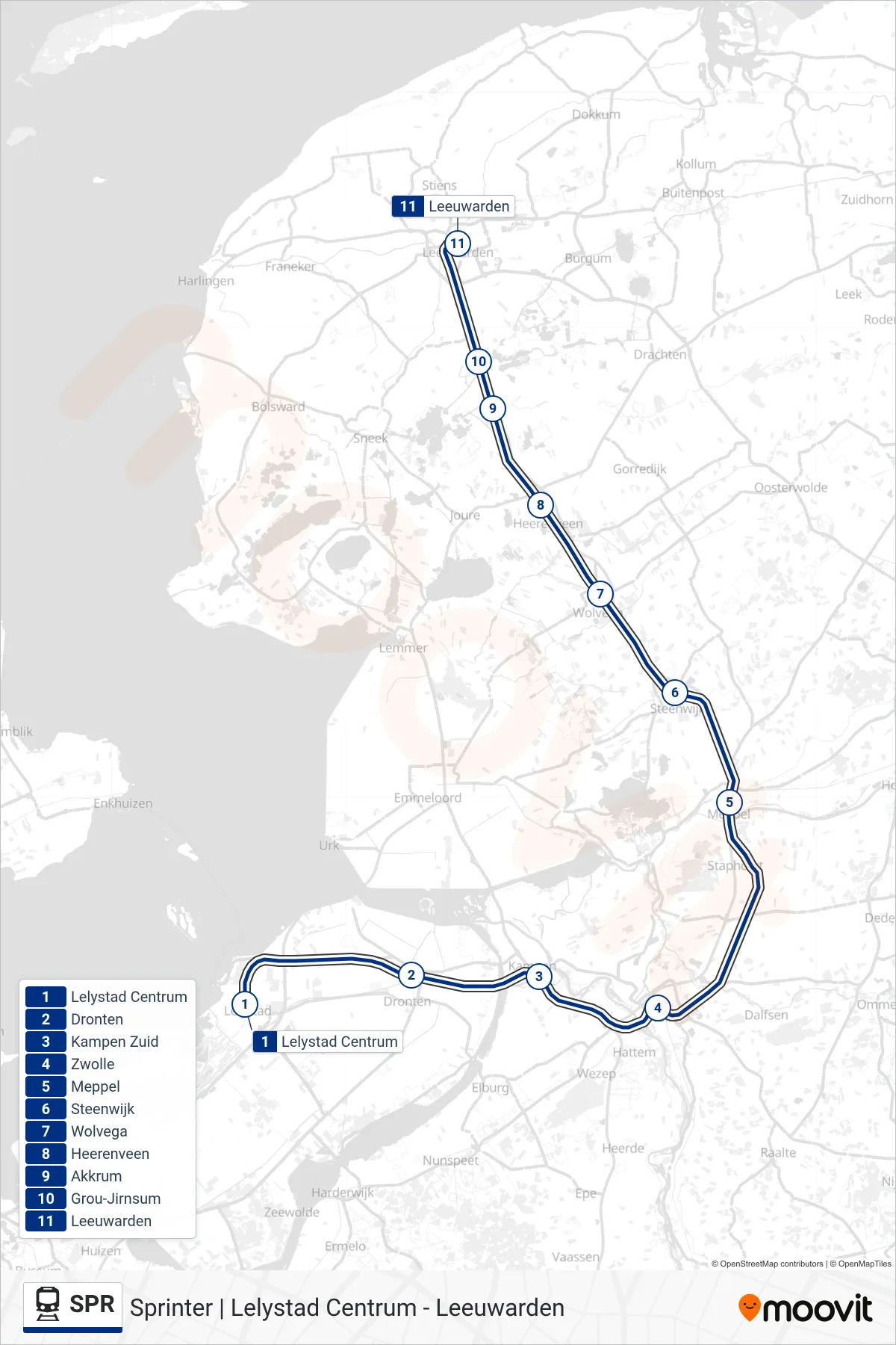 Lijn SPR (trein, Leeuwarden): route en haltes op de kaart