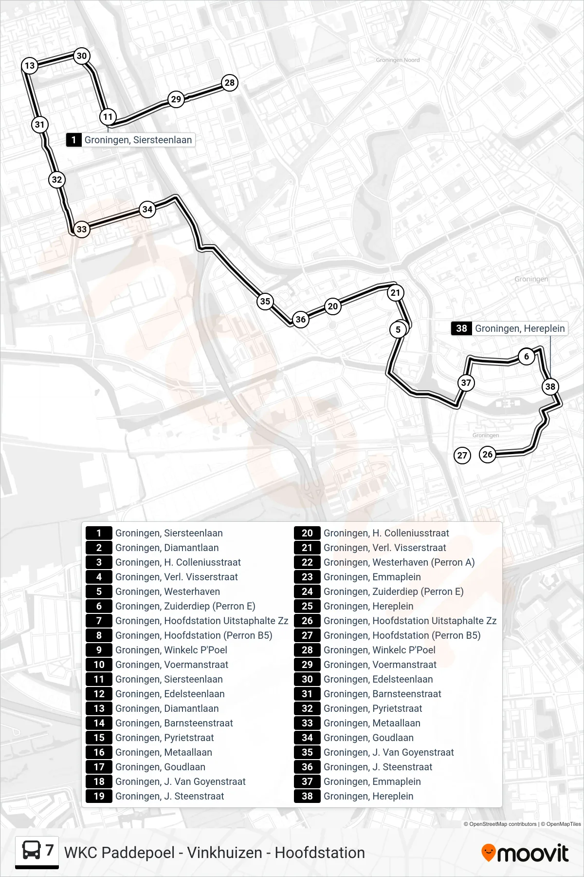7 bus Line (Hoofdstation) route and stops on a map