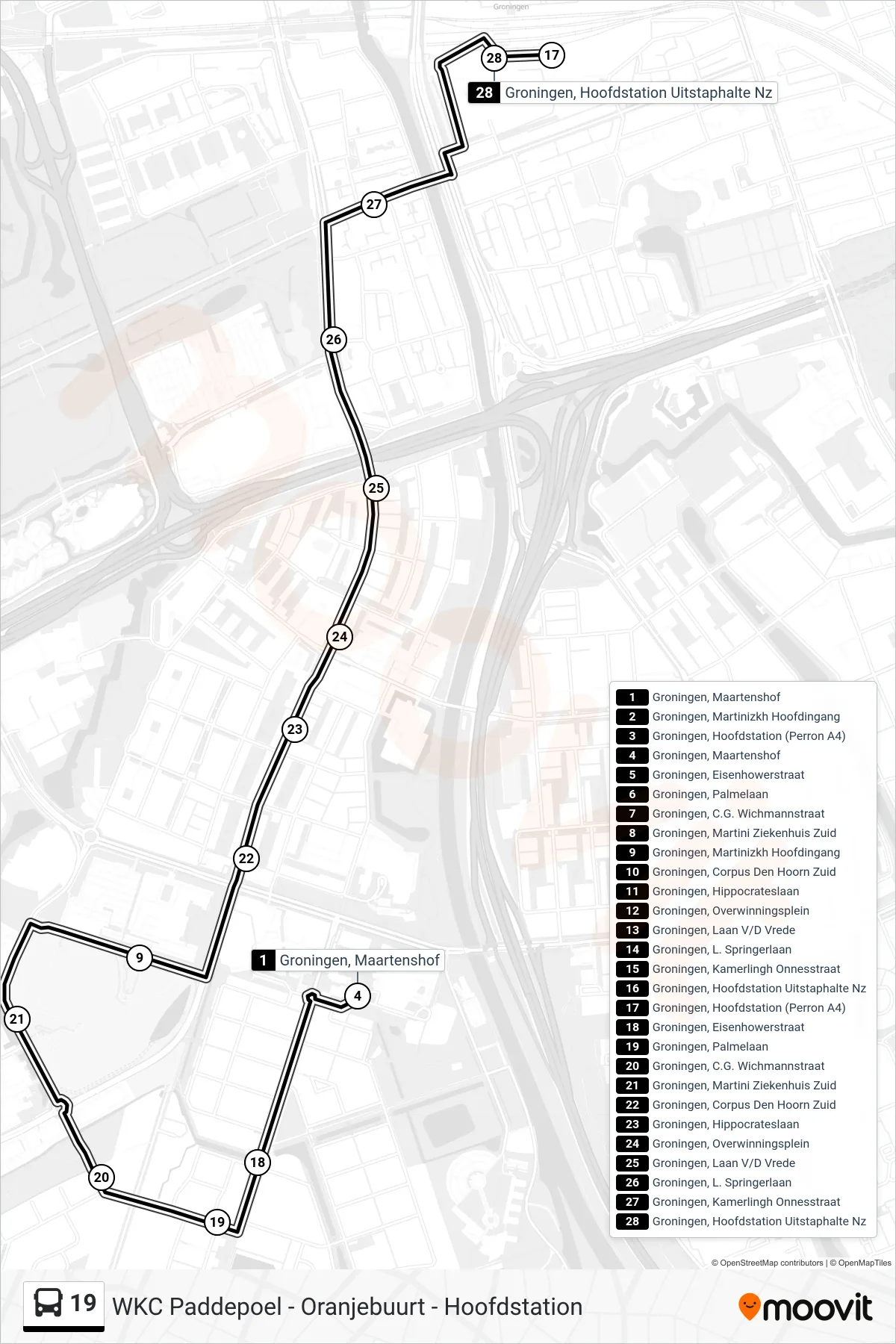 Lijn 19 (bus, Hoofdstation): route en haltes op de kaart