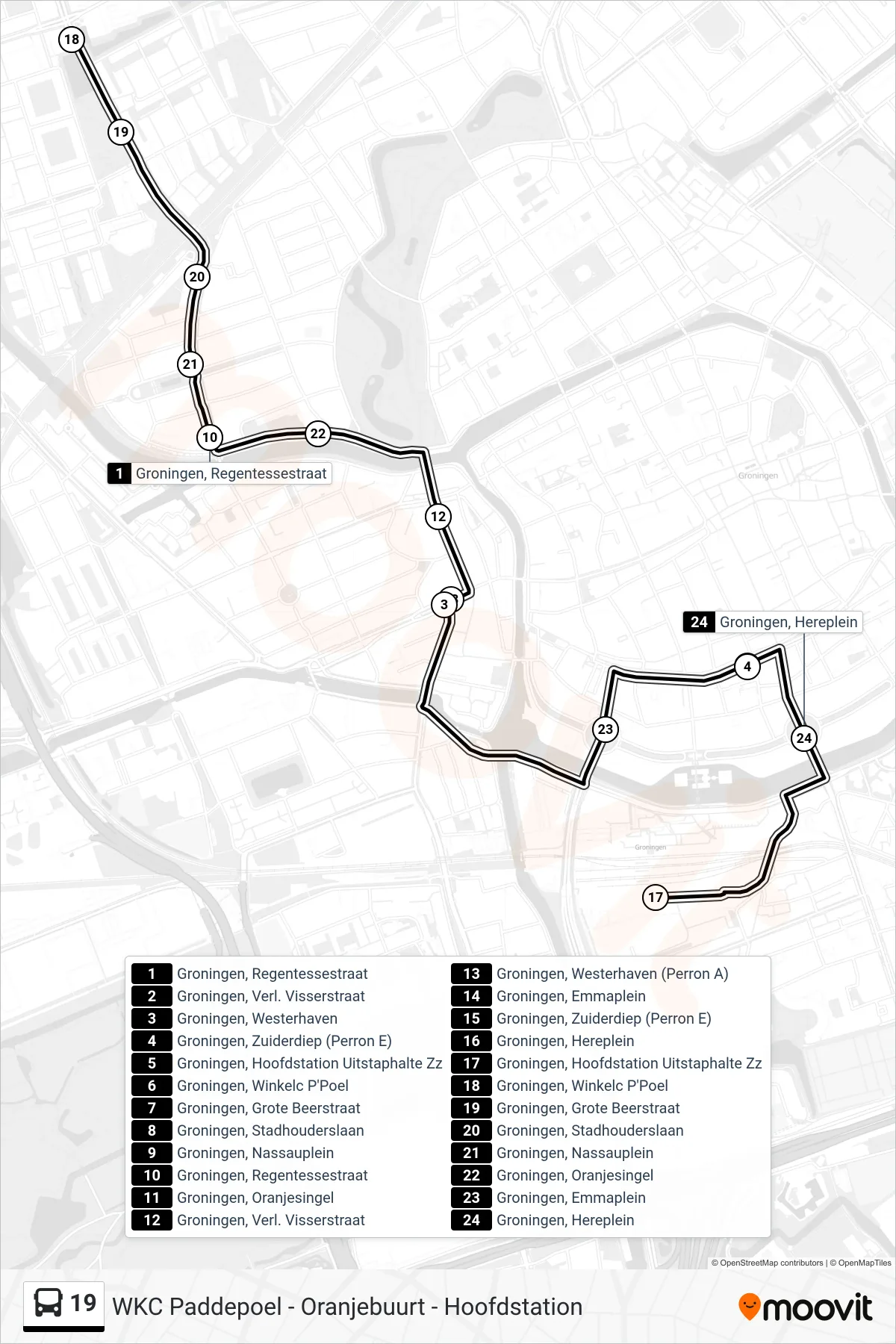 Lijn 19 (bus, Hoofdstation): route en haltes op de kaart