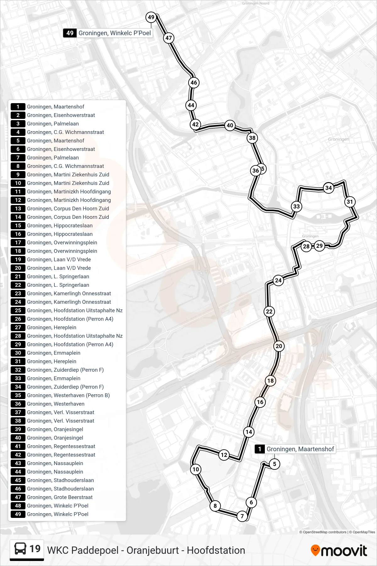 19 bus Line (Paddepoel) route and stops on a map