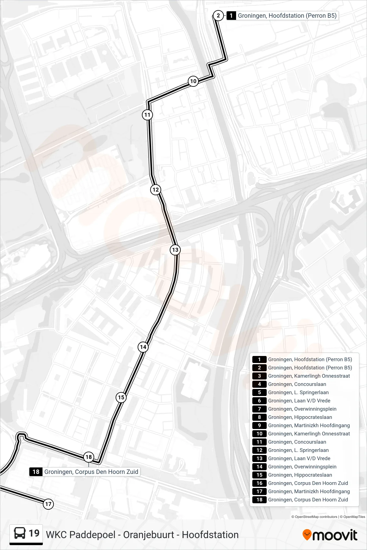 19 bus Line (Martini Ziekenhuis) route and stops on a map