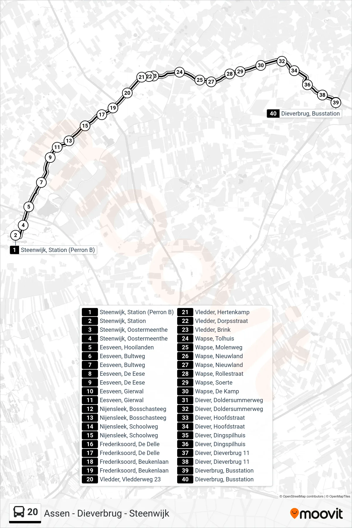 Lijn 20 (bus, Dieverbrug): route en haltes op de kaart
