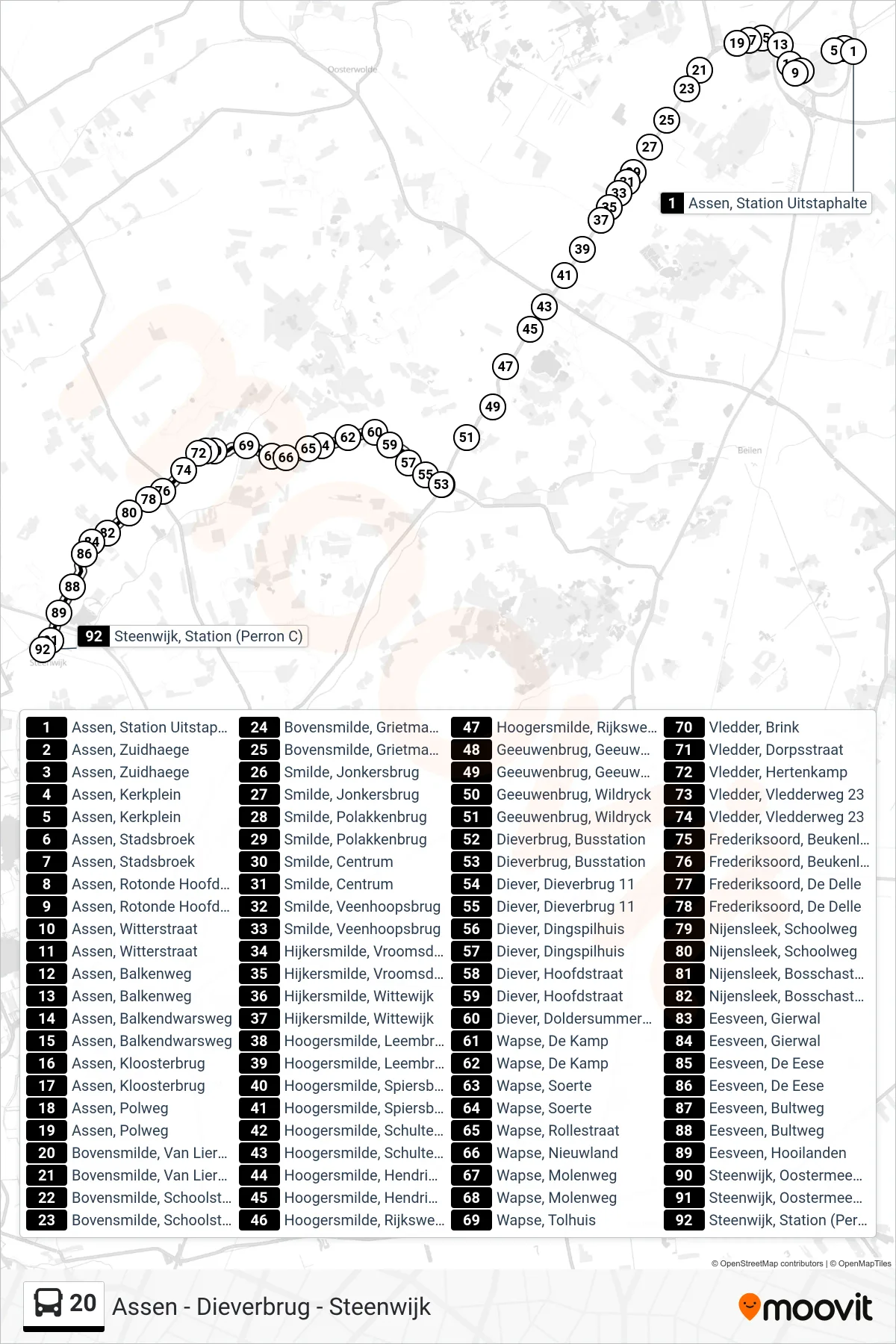 Lijn 20 (bus, Steenwijk): route en haltes op de kaart