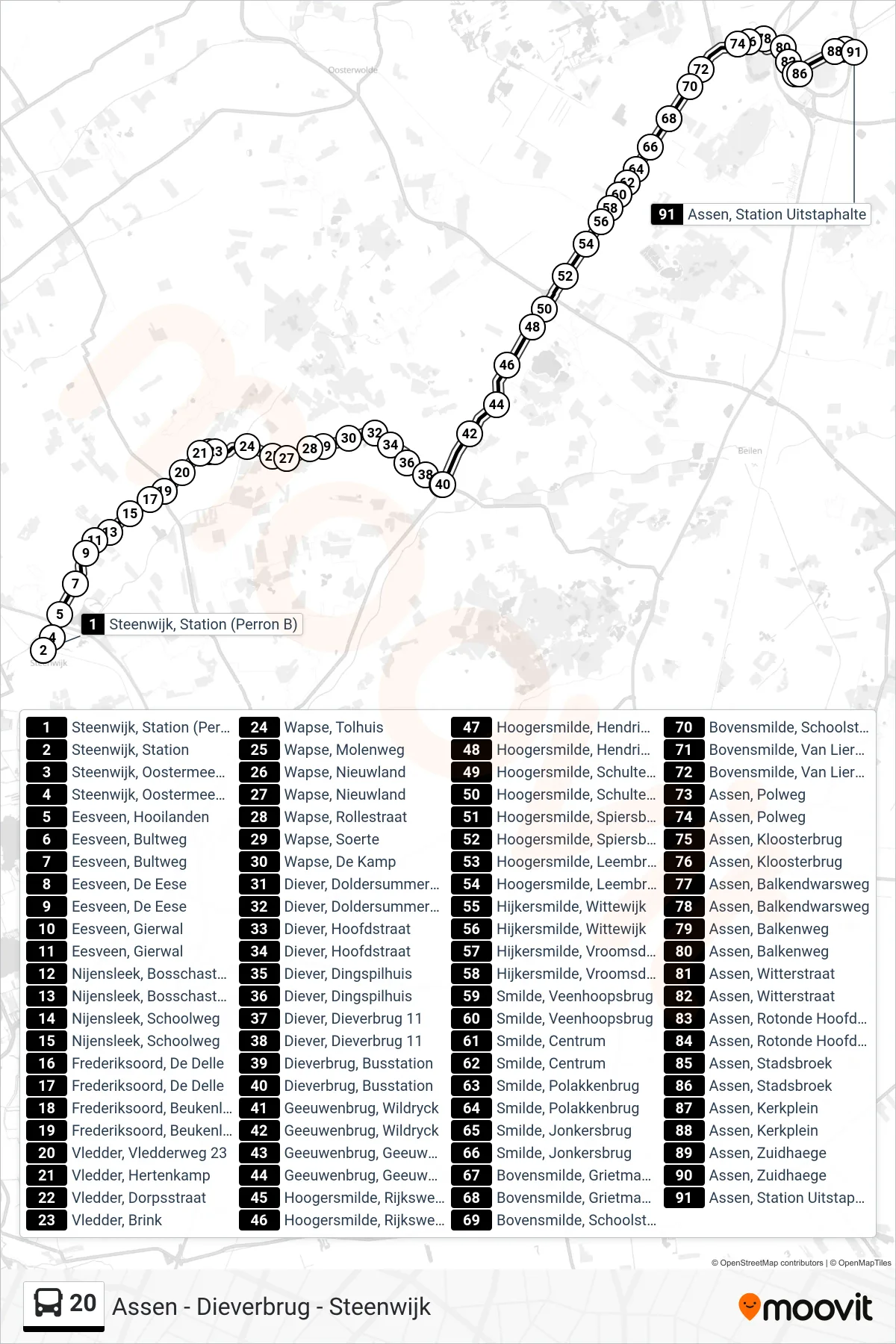 20 bus Line (Assen) route and stops on a map