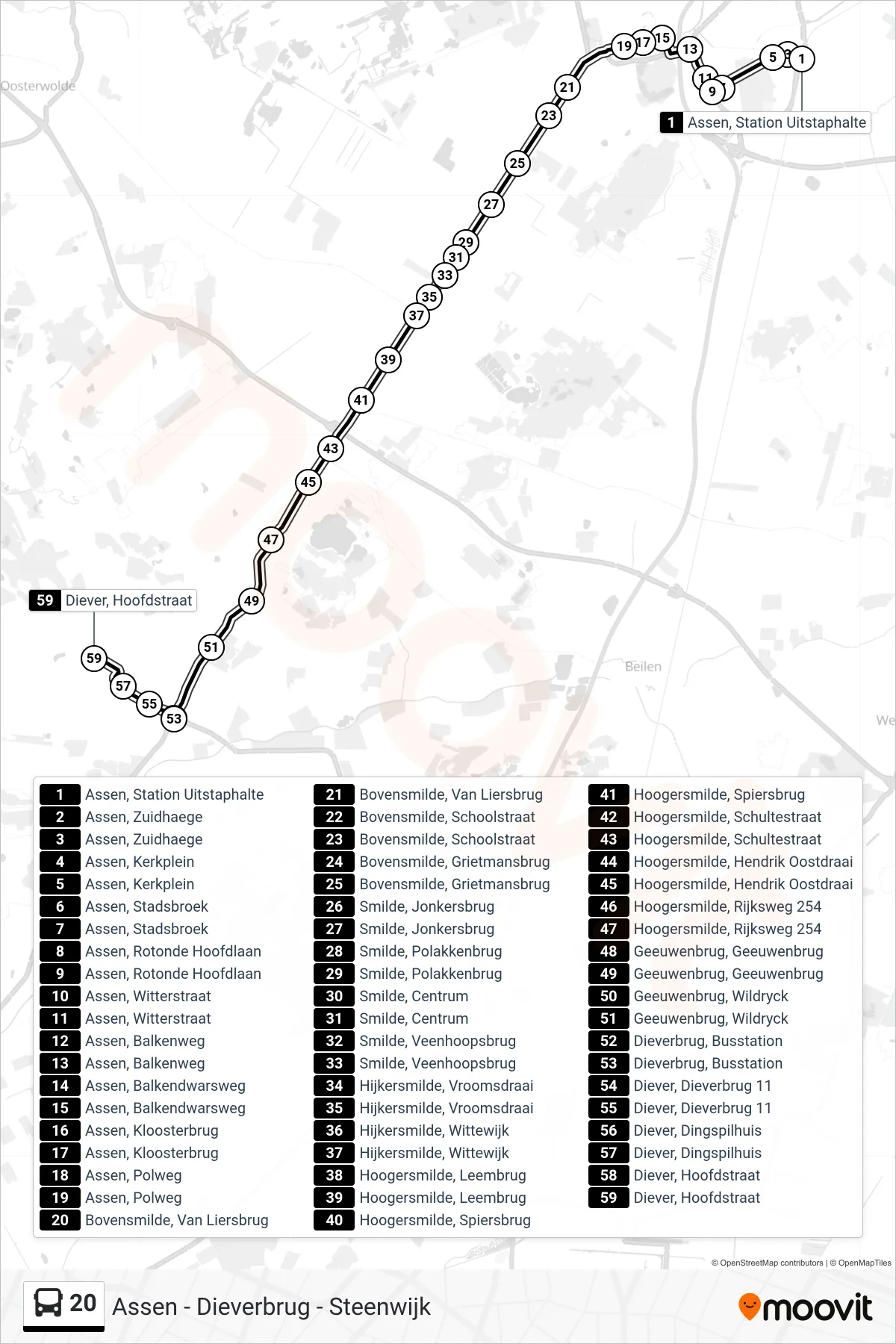 20 bus Line (Diever) route and stops on a map