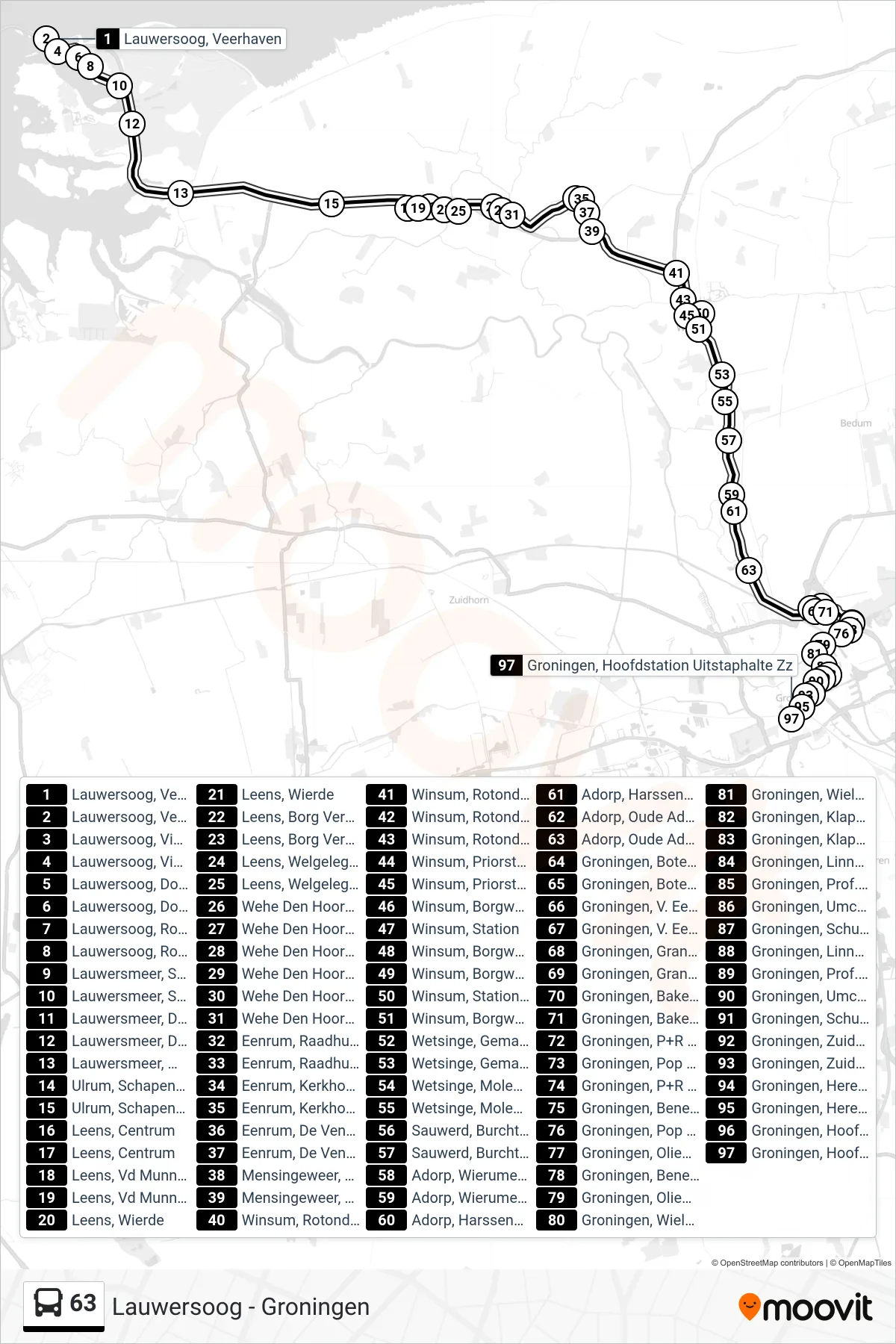 Lijn 63 (bus, Groningen): route en haltes op de kaart