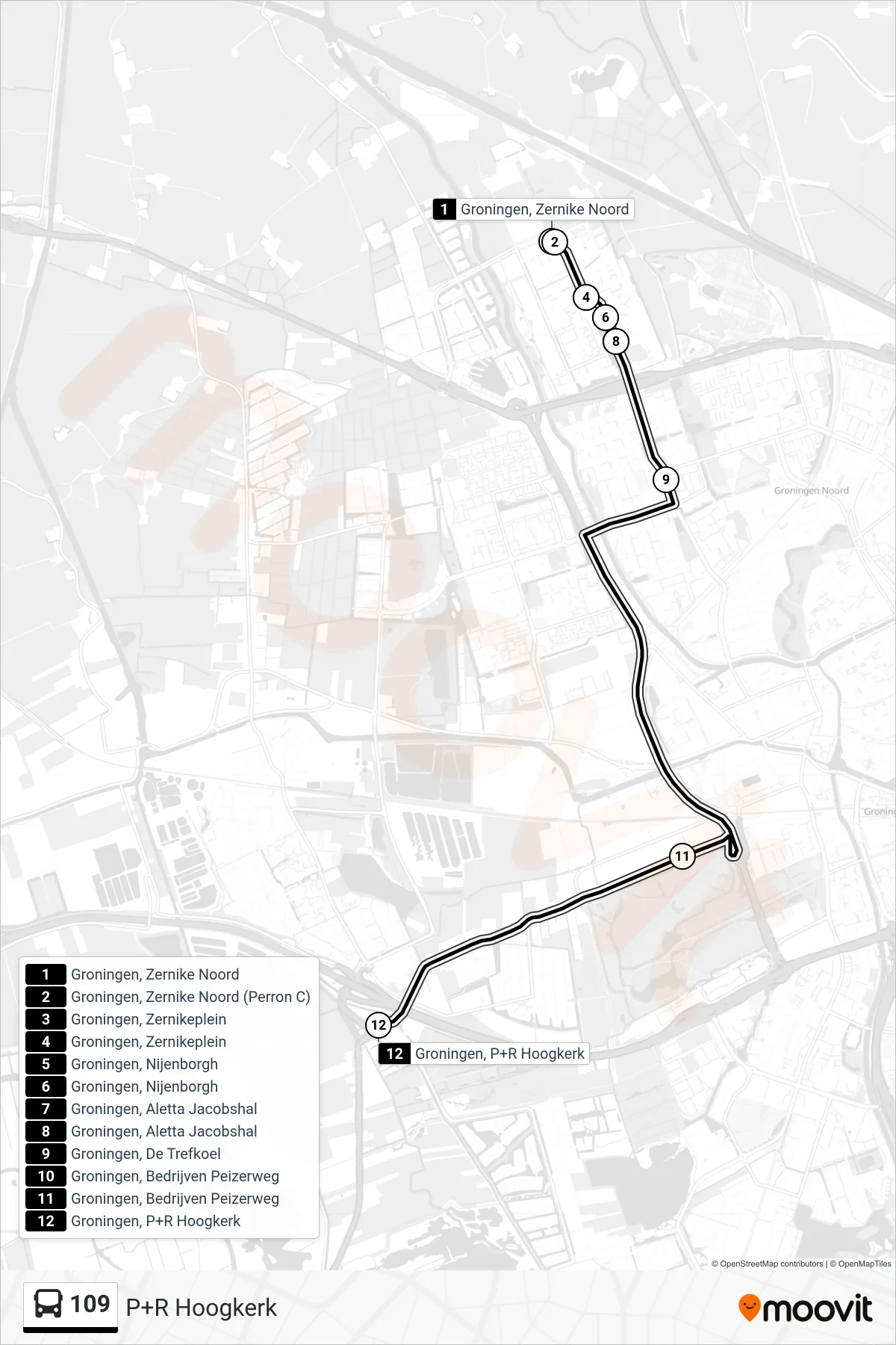 Lijn 109 (bus, P+R Hoogkerk): route en haltes op de kaart