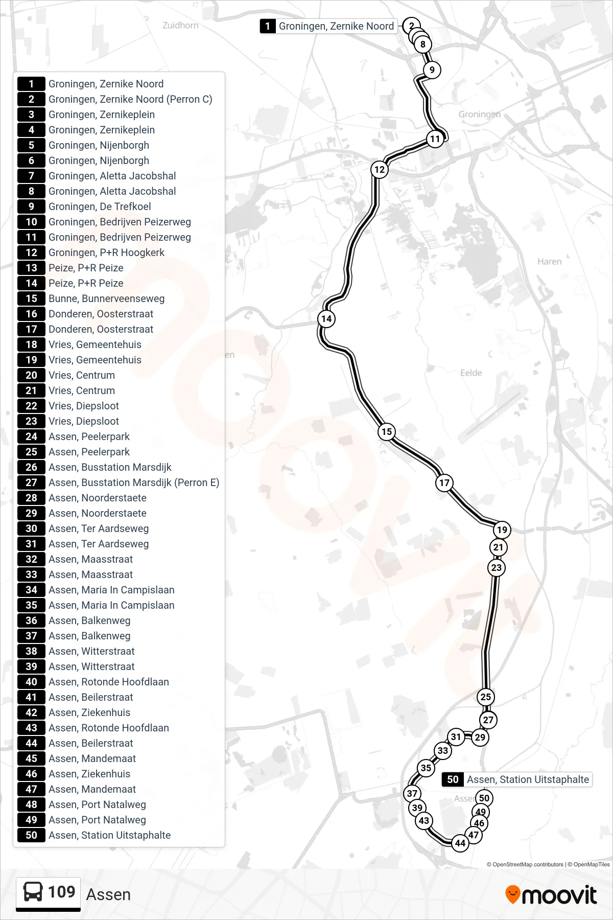 Lijn 109 (bus, Assen): route en haltes op de kaart