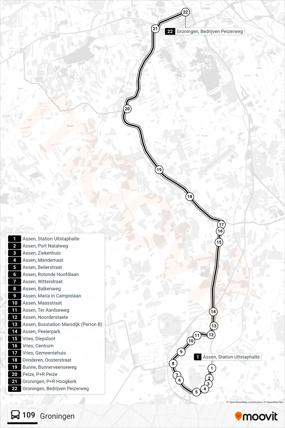 Lijn 109 (bus, Groningen): route en haltes op de kaart
