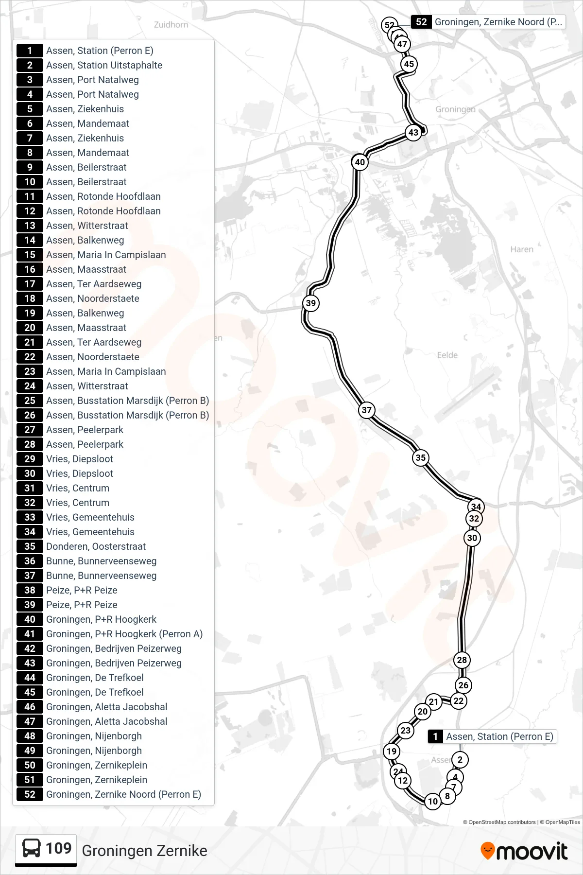 Lijn 109 (bus, Groningen Zernike): route en haltes op de kaart