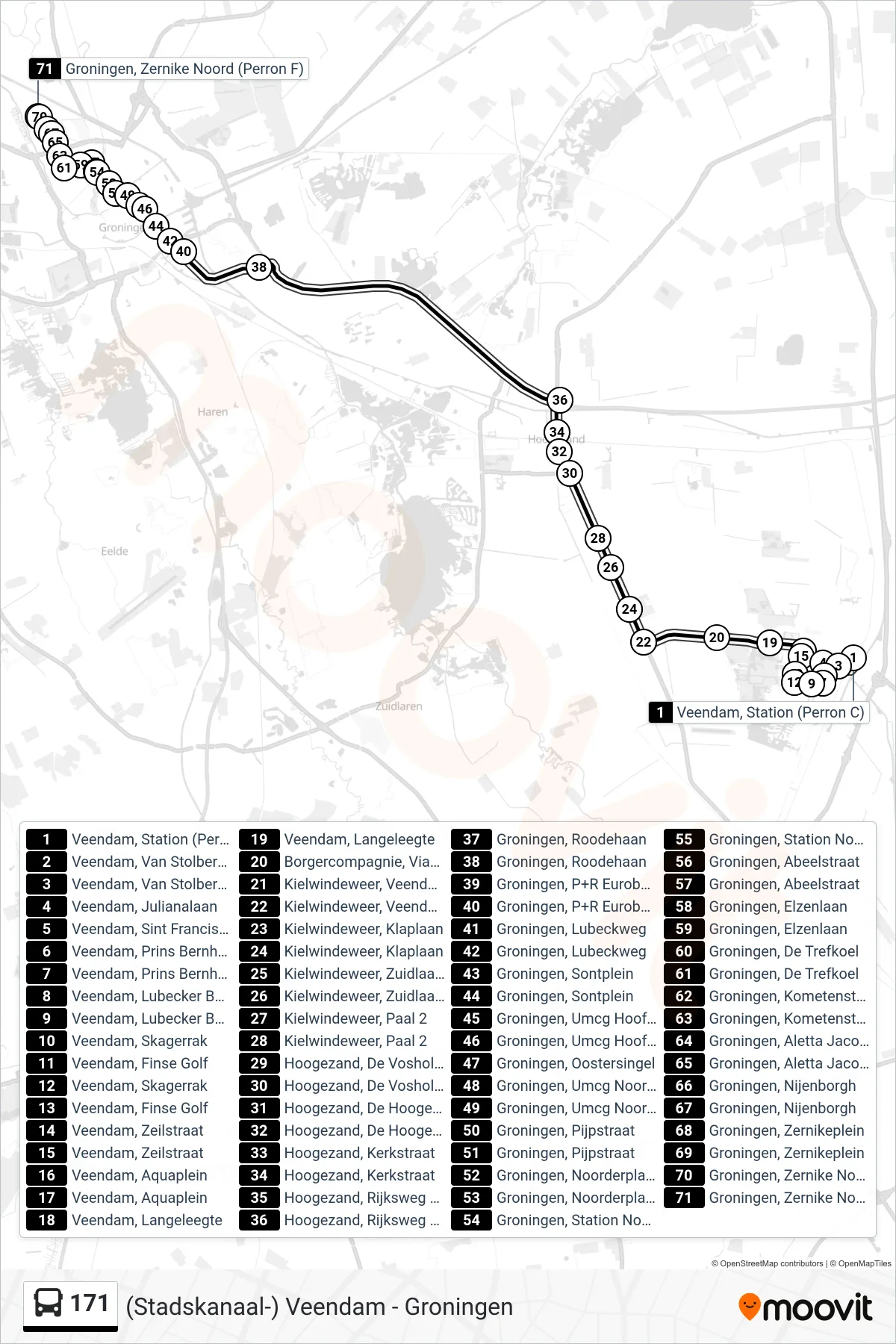 Lijn 171 (bus, Groningen Zernike): route en haltes op de kaart