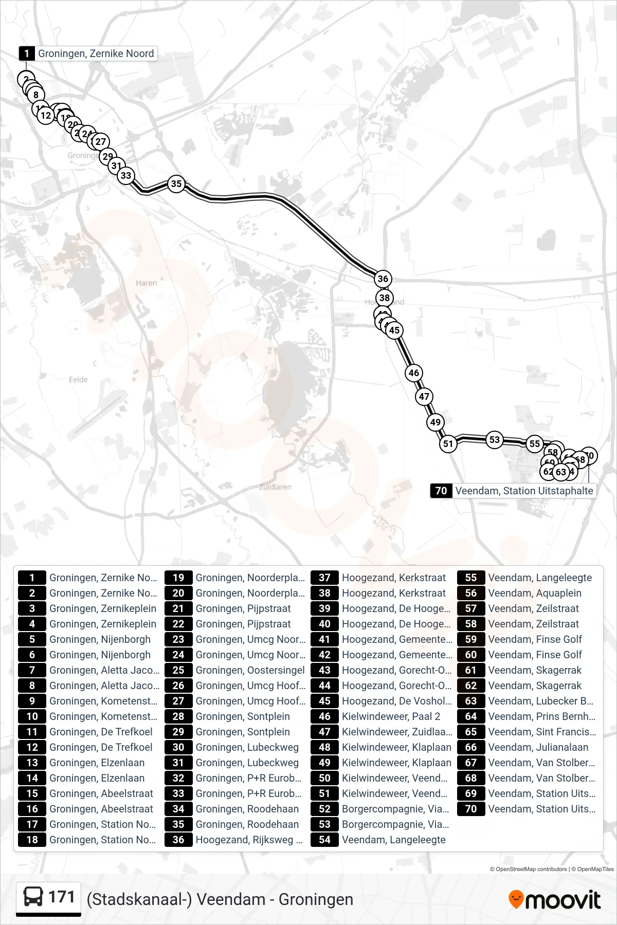 171 bus Line (Veendam) route and stops on a map