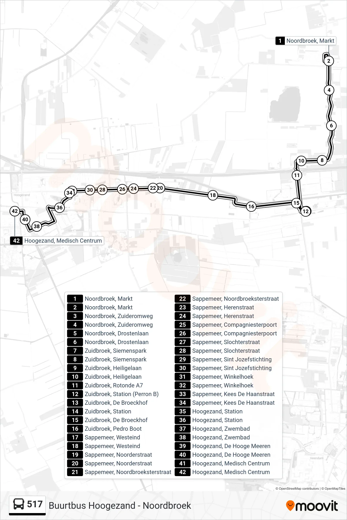 Lijn 517 (bus, Hoogezand): route en haltes op de kaart