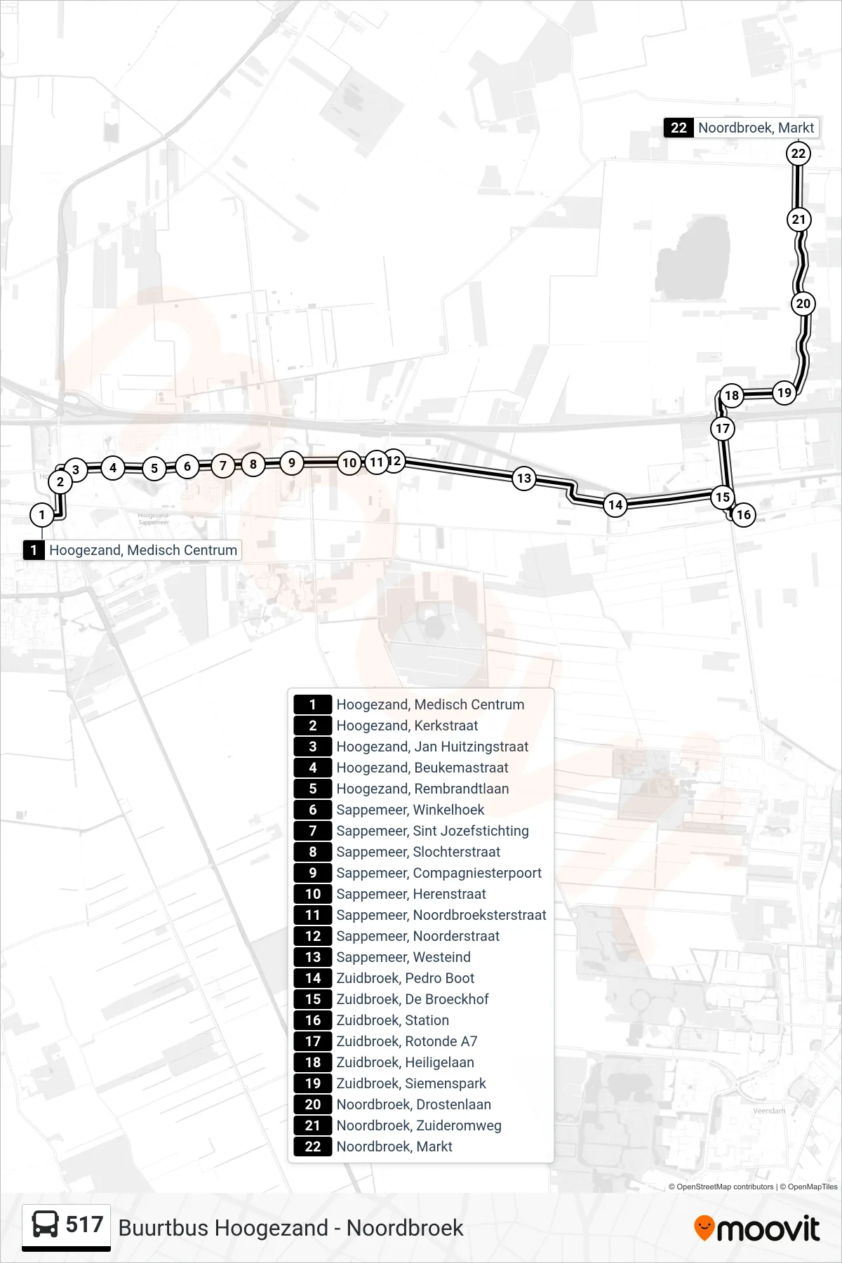 Lijn 517 (bus, Noordbroek): route en haltes op de kaart