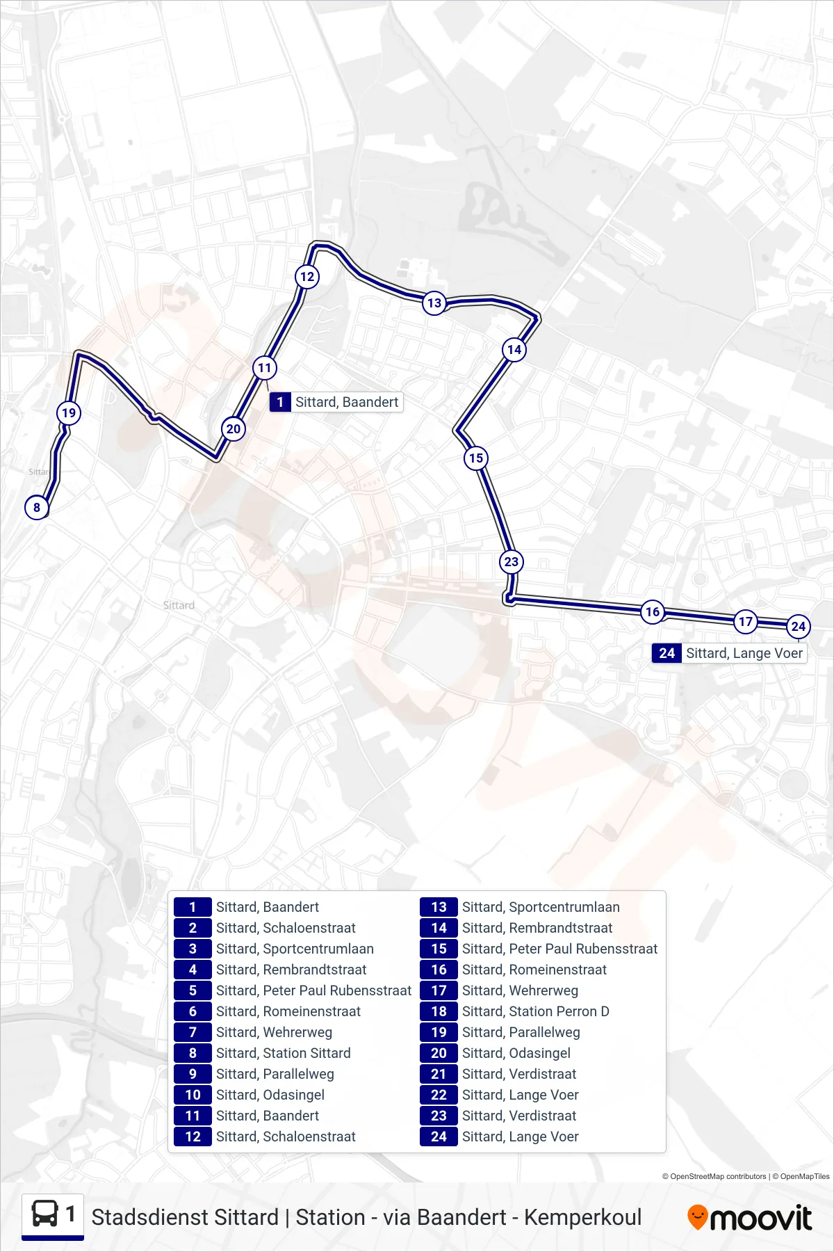 Lijn 1 (bus, Sittard Kemperkoul): route en haltes op de kaart