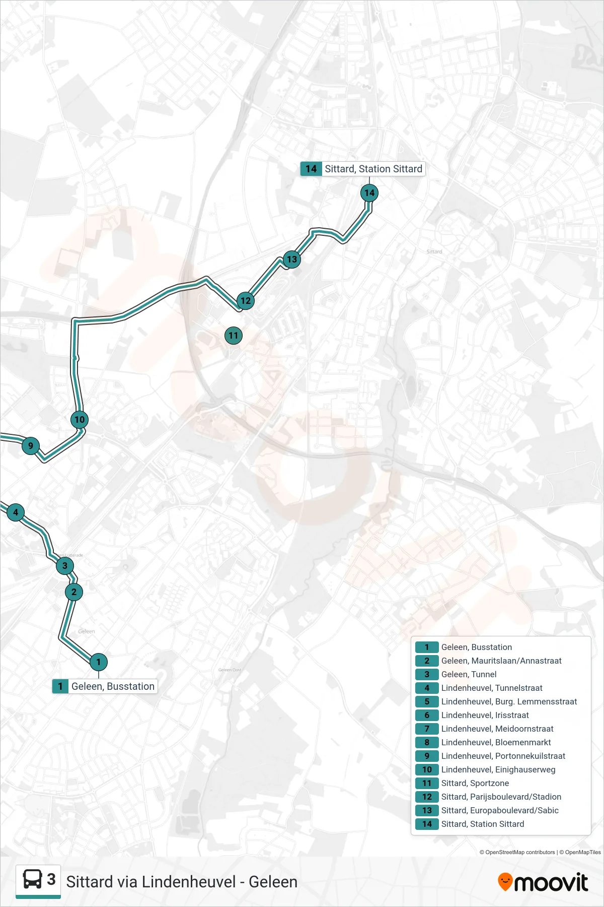 3 bus Line (Sittard) route and stops on a map