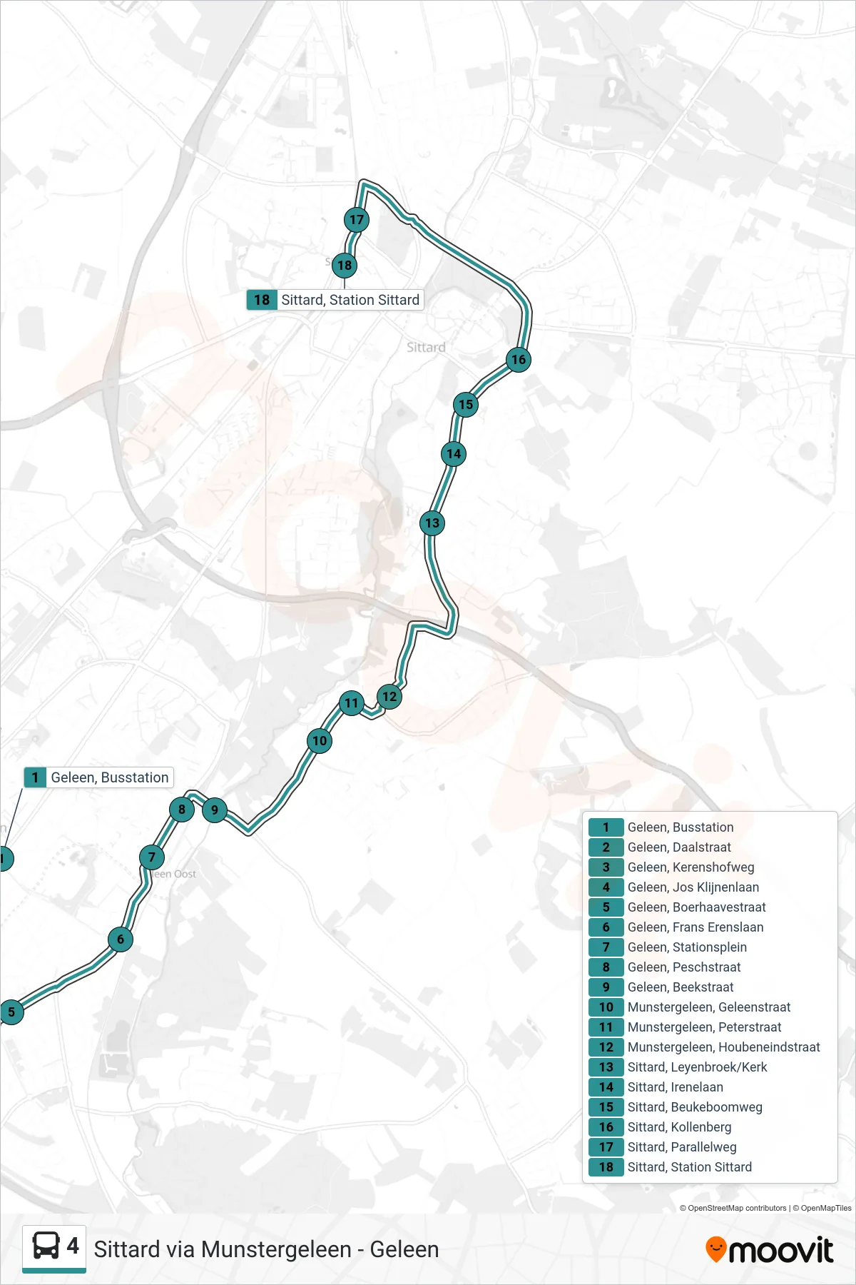 4 bus Line (Sittard) route and stops on a map