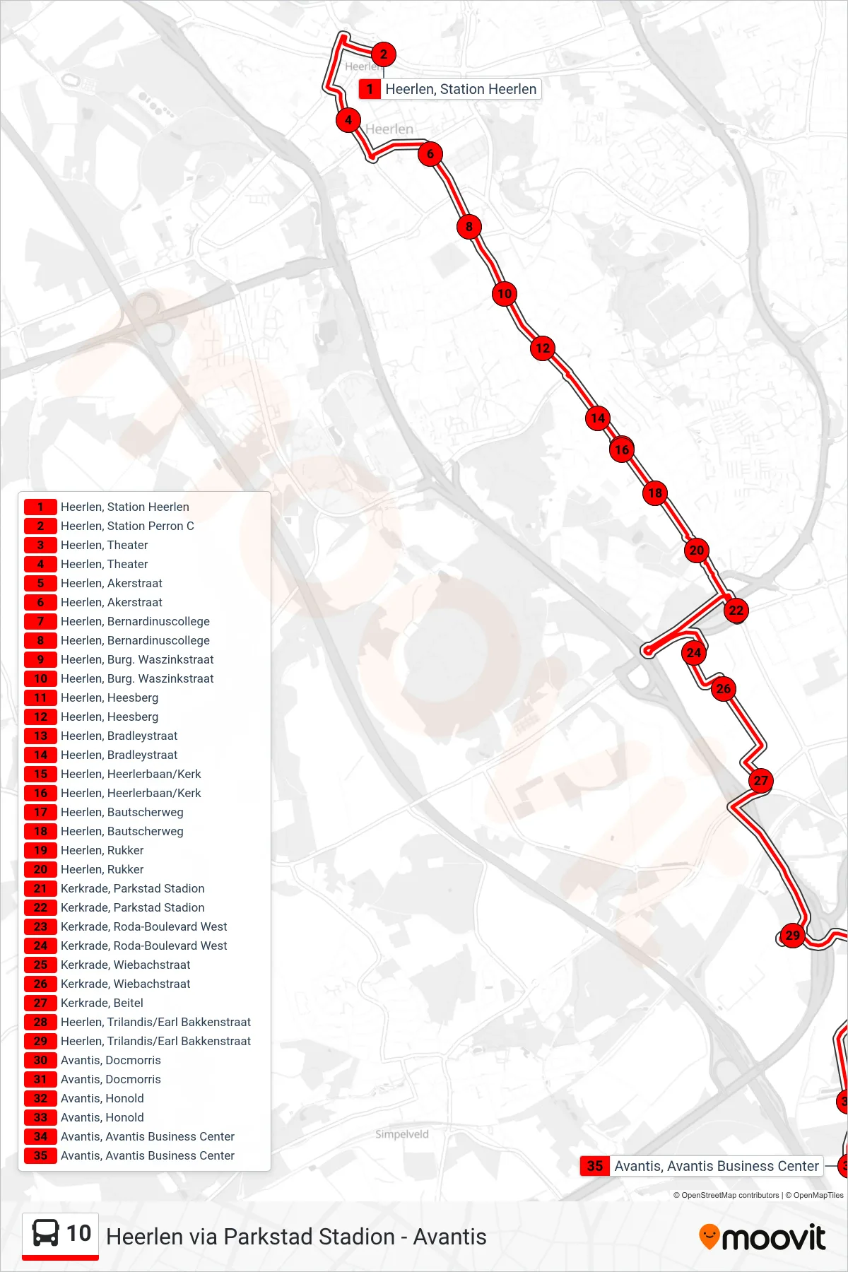 Lijn 10 (bus, Avantis): route en haltes op de kaart