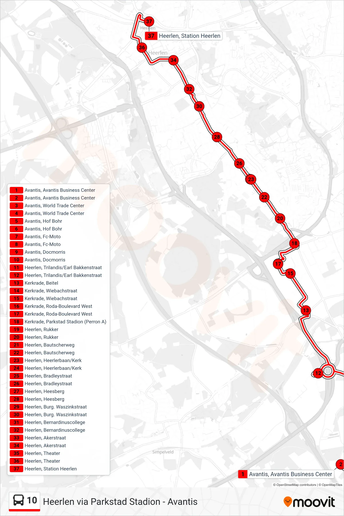 10 bus Line (Heerlen Station) route and stops on a map