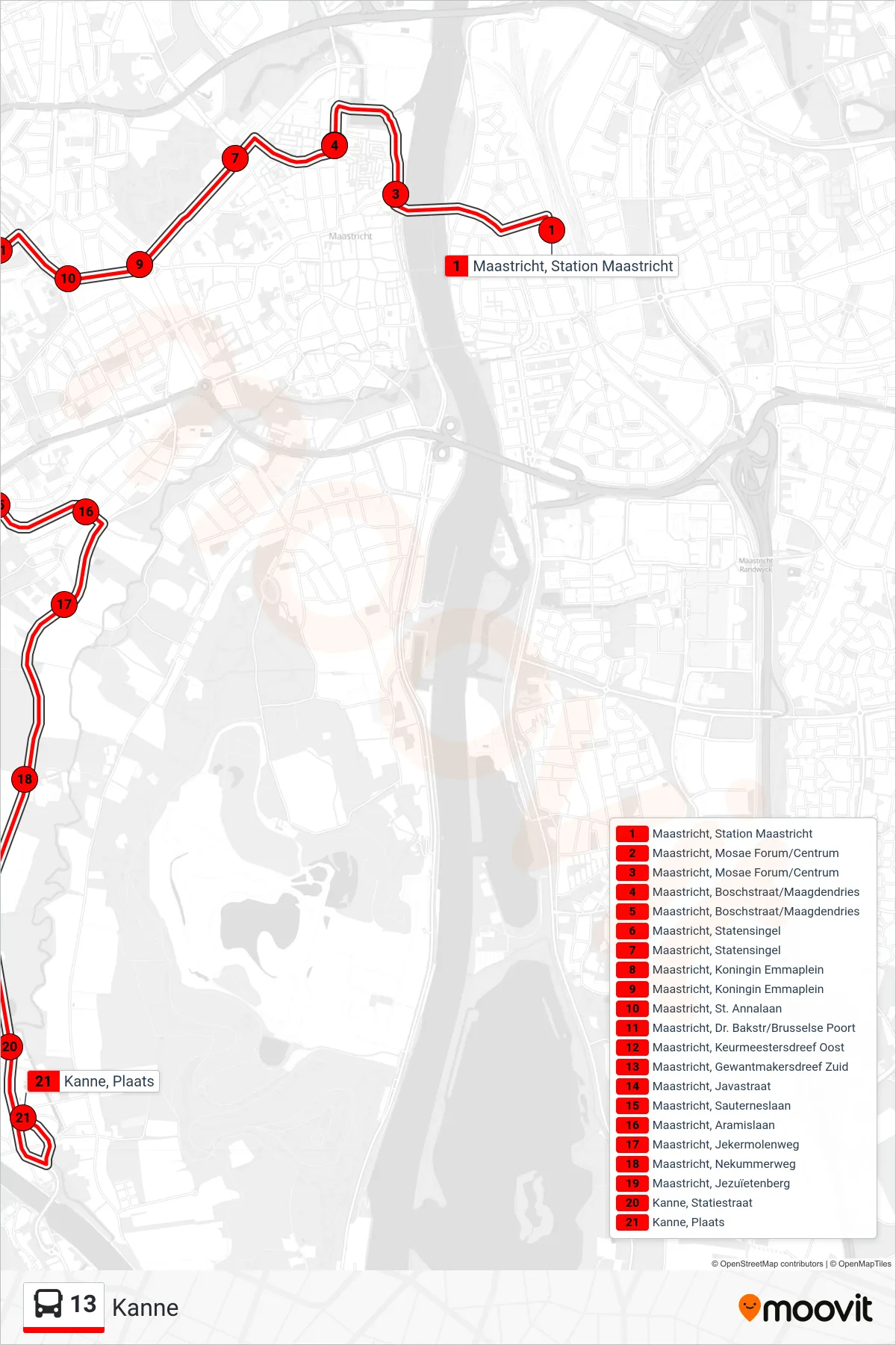 Lijn 13 (bus, Kanne): route en haltes op de kaart