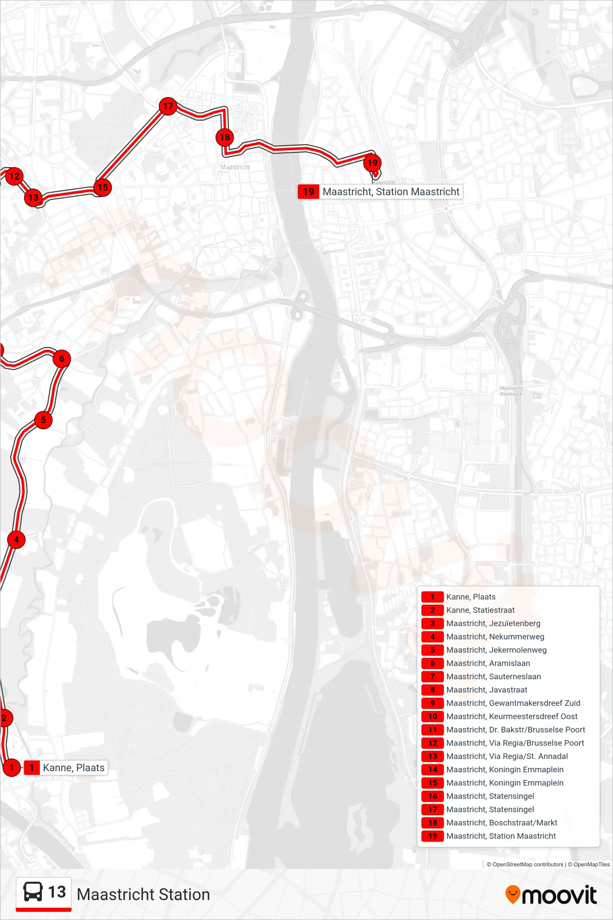 13 bus Line (Maastricht Station) route and stops on a map