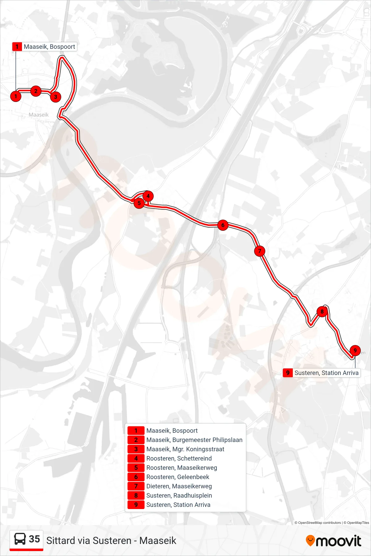 35 bus Line (Susteren) route and stops on a map
