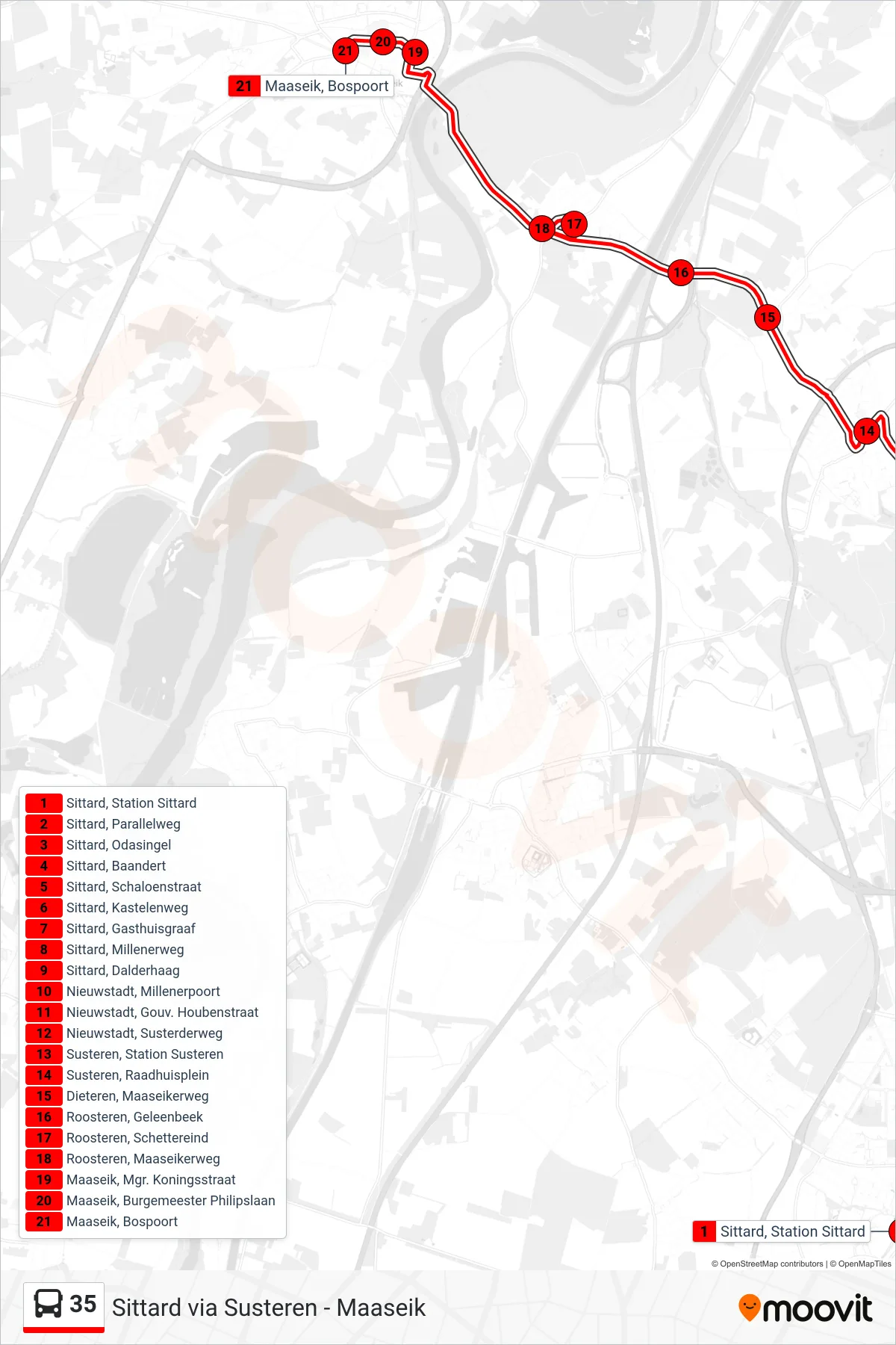 35 bus Line (Maaseik) route and stops on a map