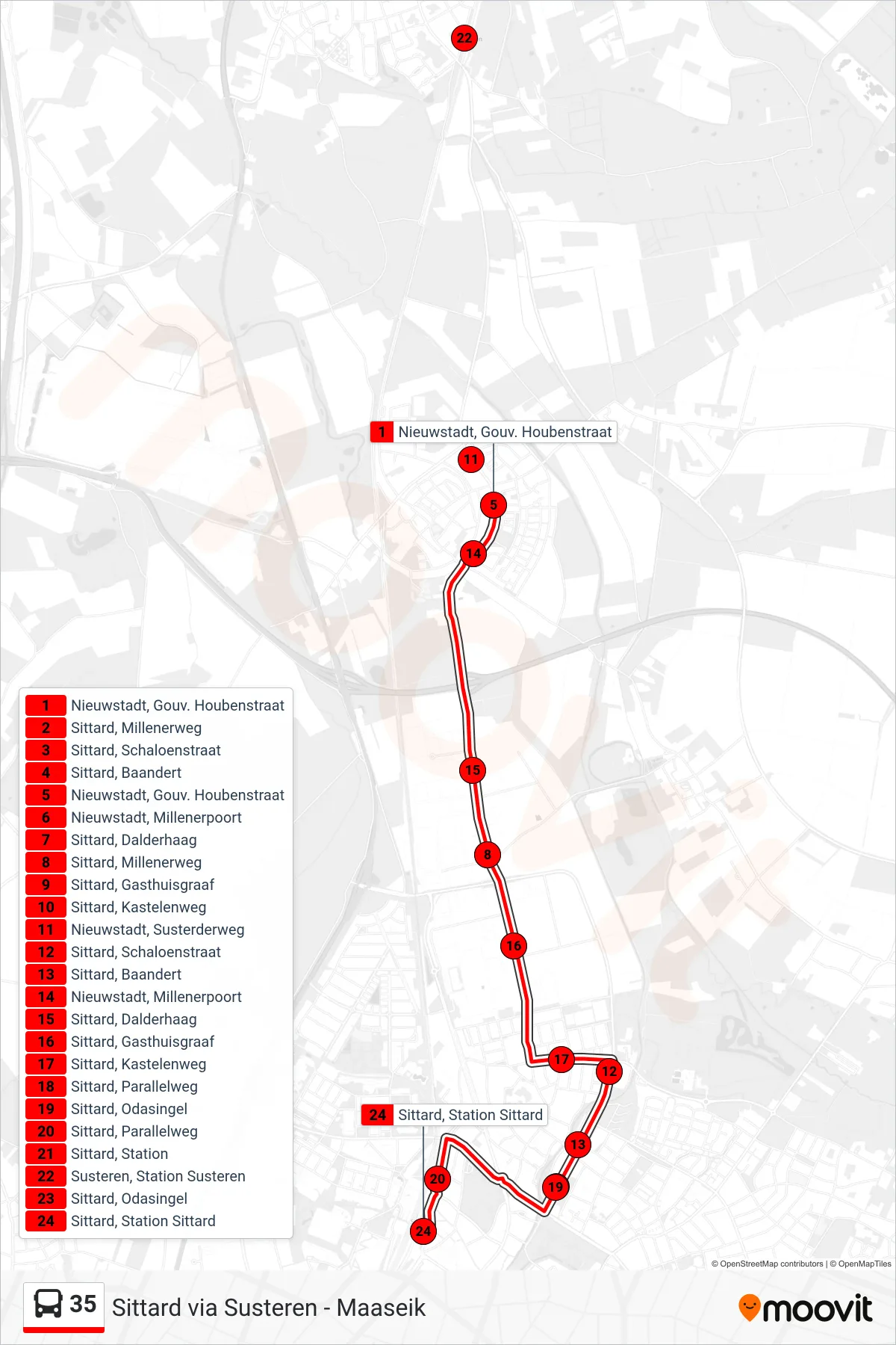 Lijn 35 (bus, Sittard Station): route en haltes op de kaart