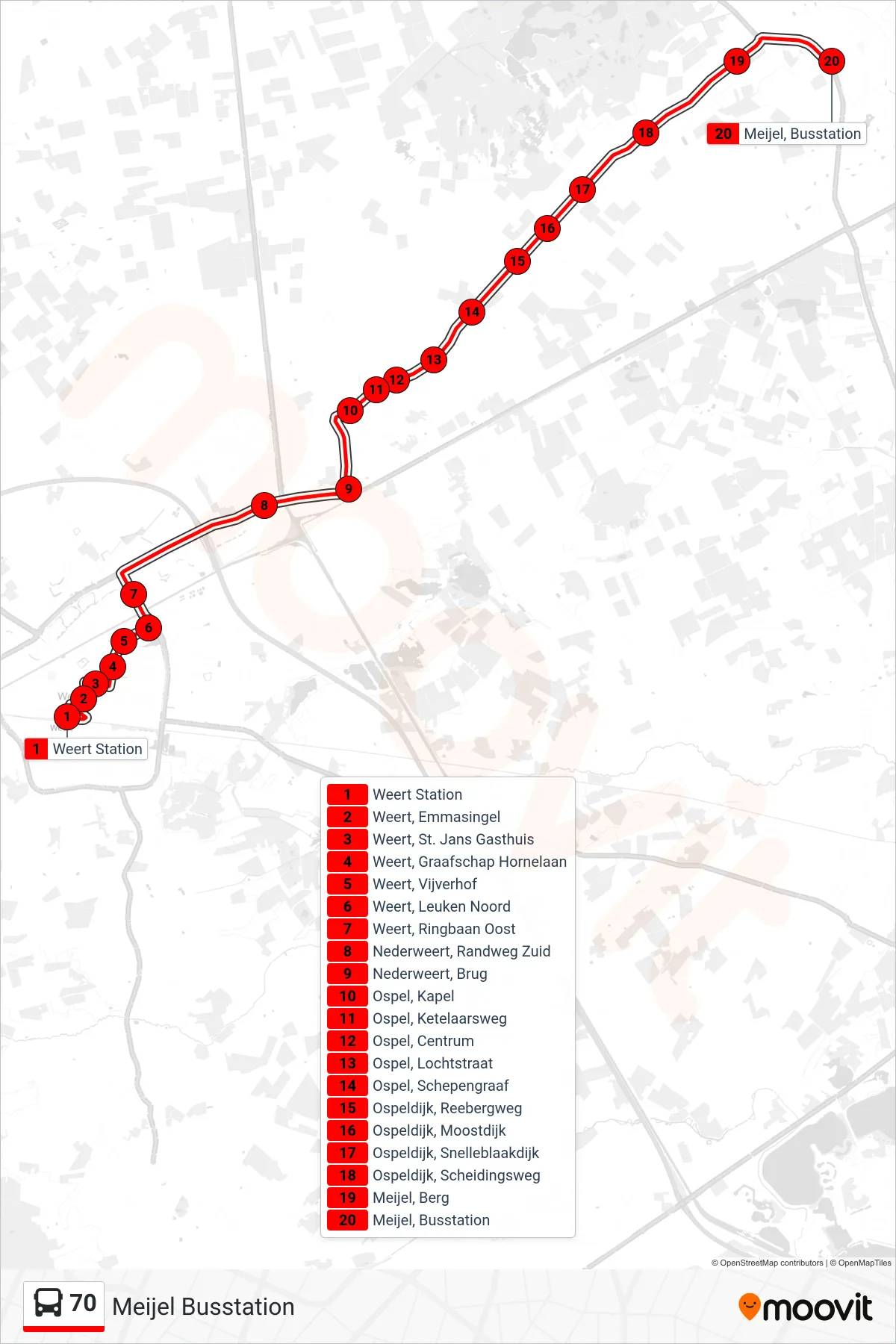 Lijn 70 (bus, Meijel Busstation): route en haltes op de kaart