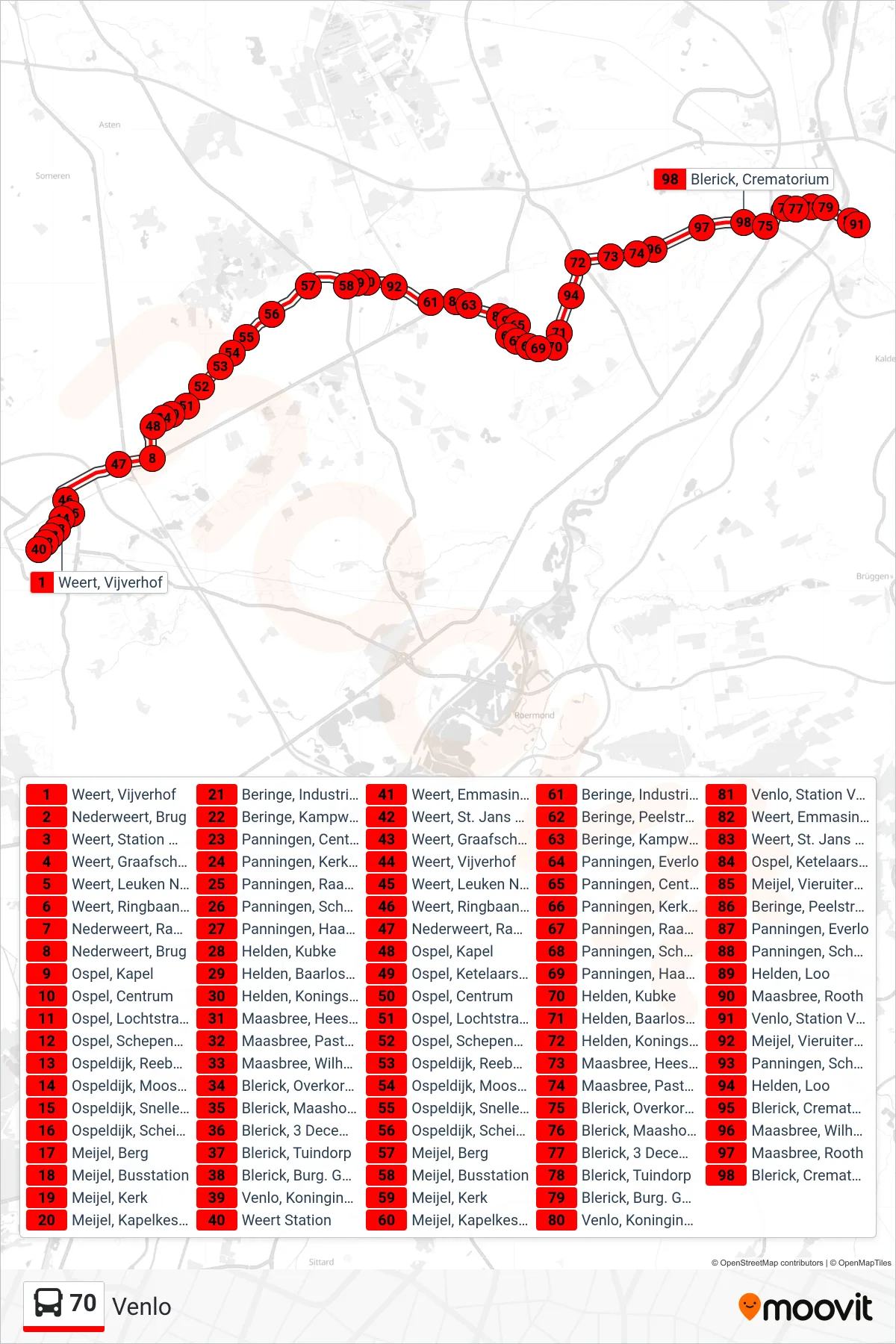70 bus Line (Venlo) route and stops on a map