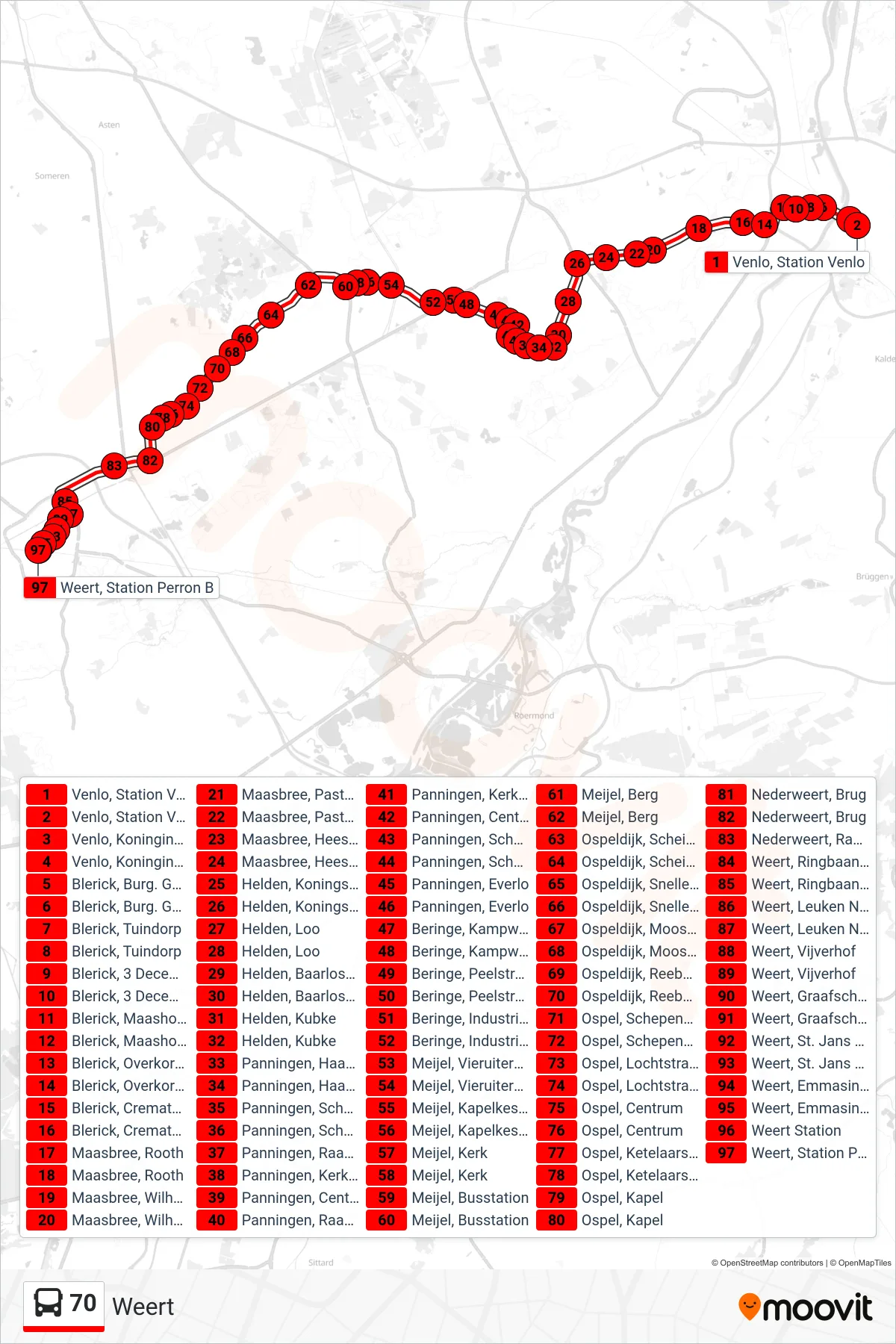 Lijn 70 (bus, Weert): route en haltes op de kaart