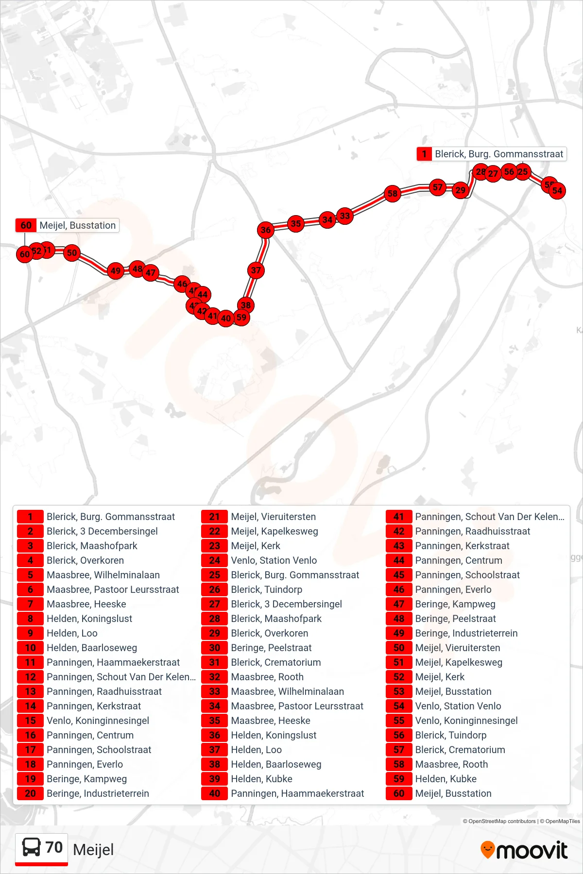 Lijn 70 (bus, Meijel): route en haltes op de kaart