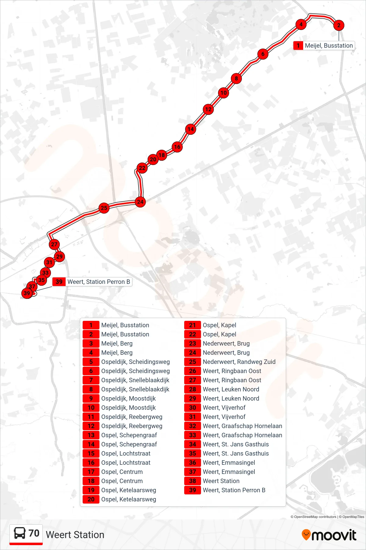 Lijn 70 (bus, Weert Station): route en haltes op de kaart