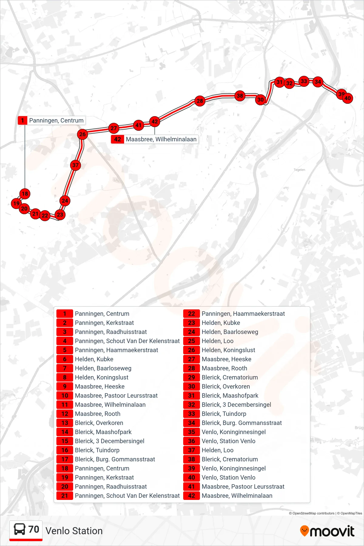 70 bus Line (Venlo Station) route and stops on a map