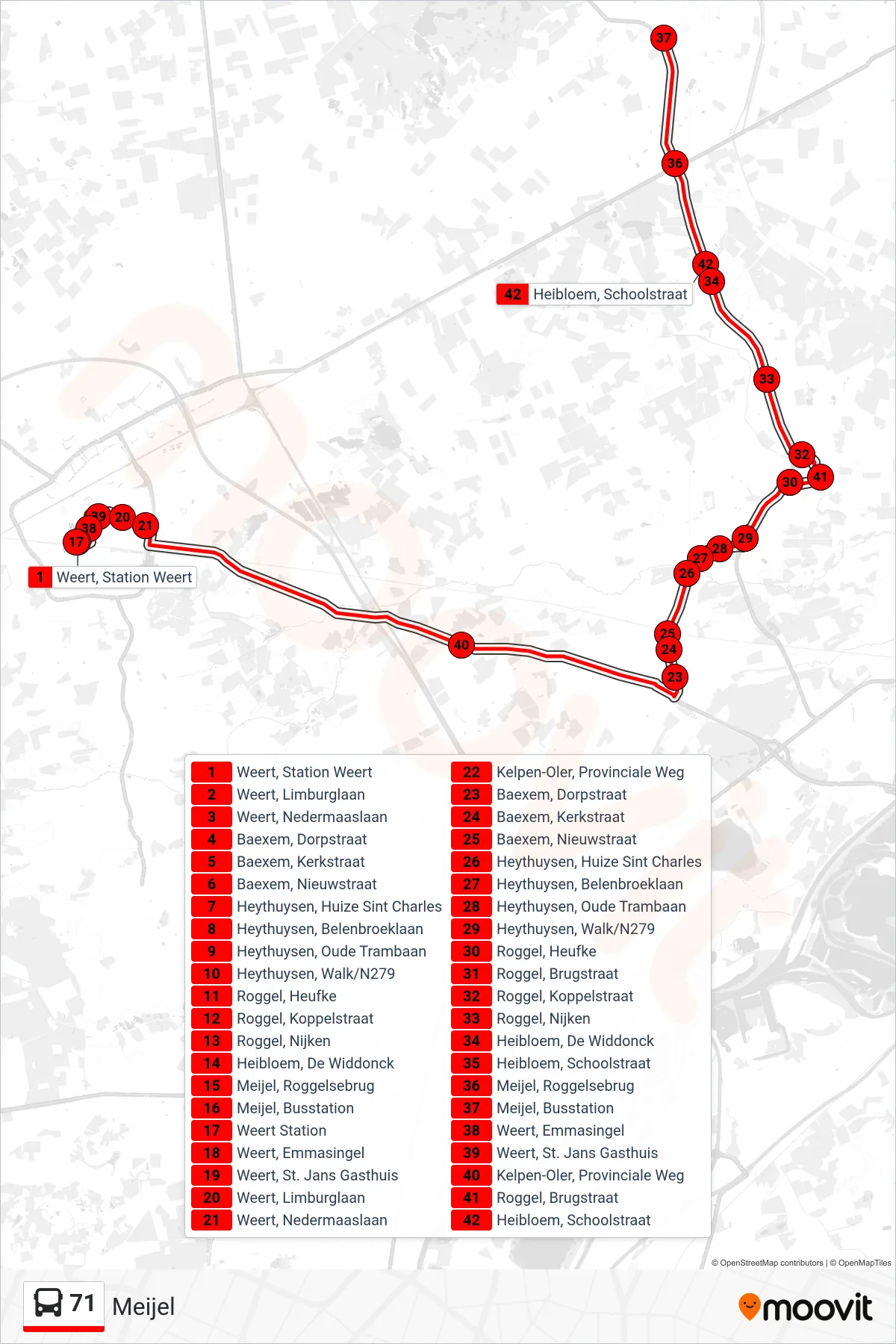 Lijn 71 (bus, Meijel): route en haltes op de kaart