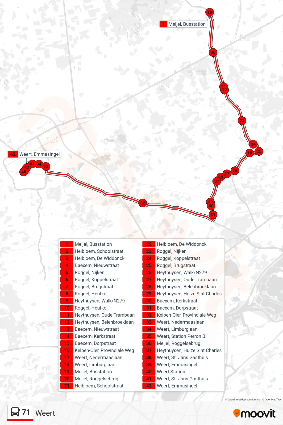 Lijn 71 (bus, Weert): route en haltes op de kaart