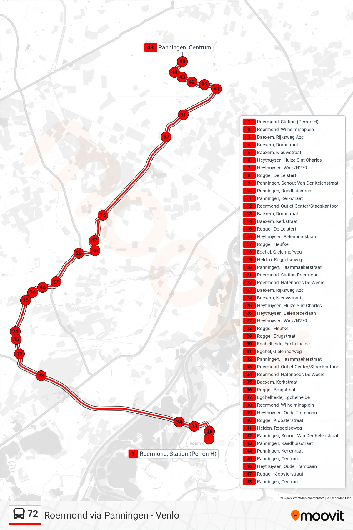 72 bus Line (Panningen) route and stops on a map