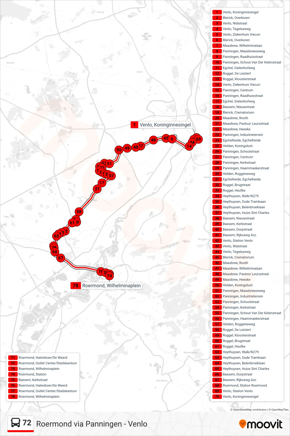 72 bus Line (Roermond) route and stops on a map