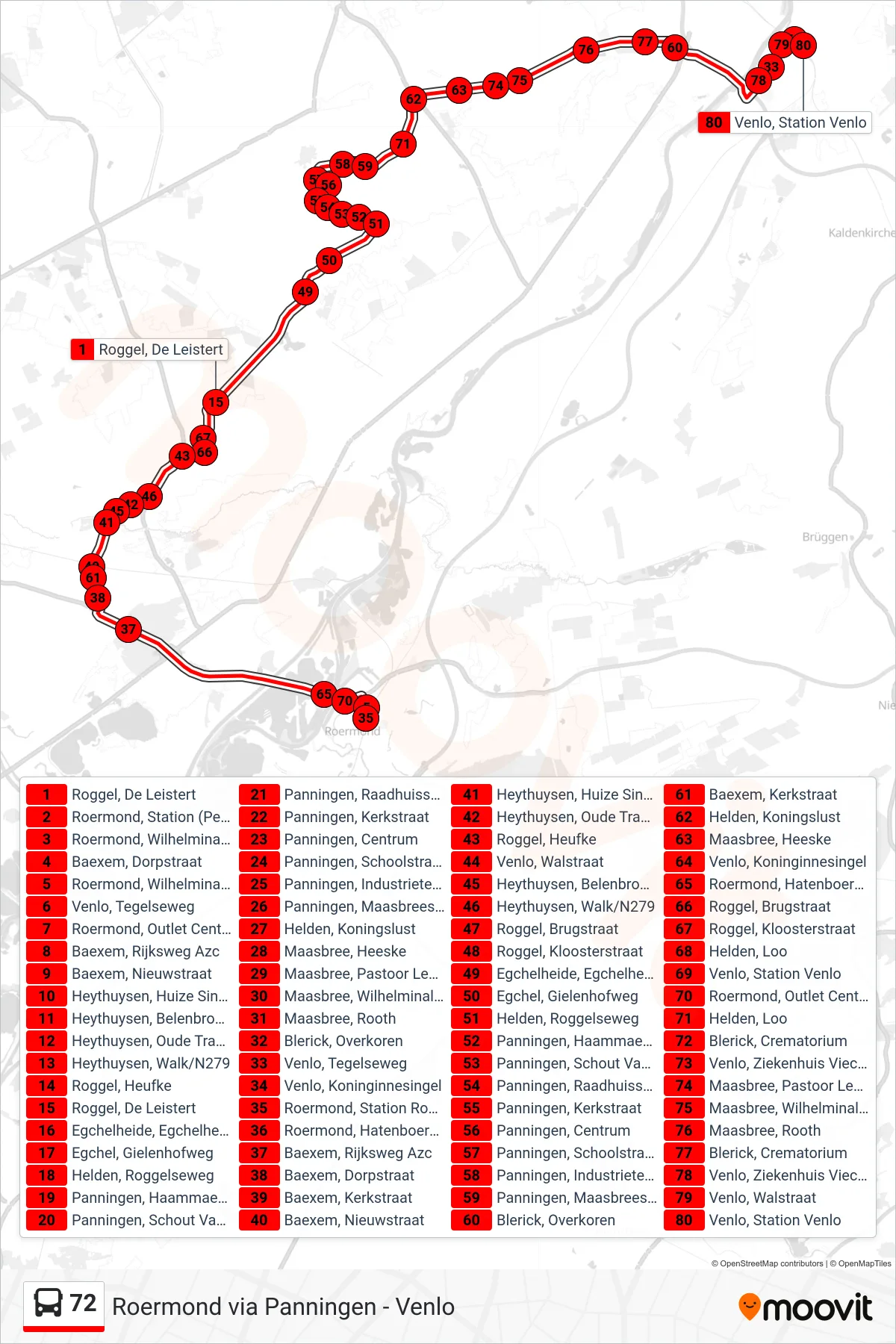 Lijn 72 (bus, Venlo): route en haltes op de kaart