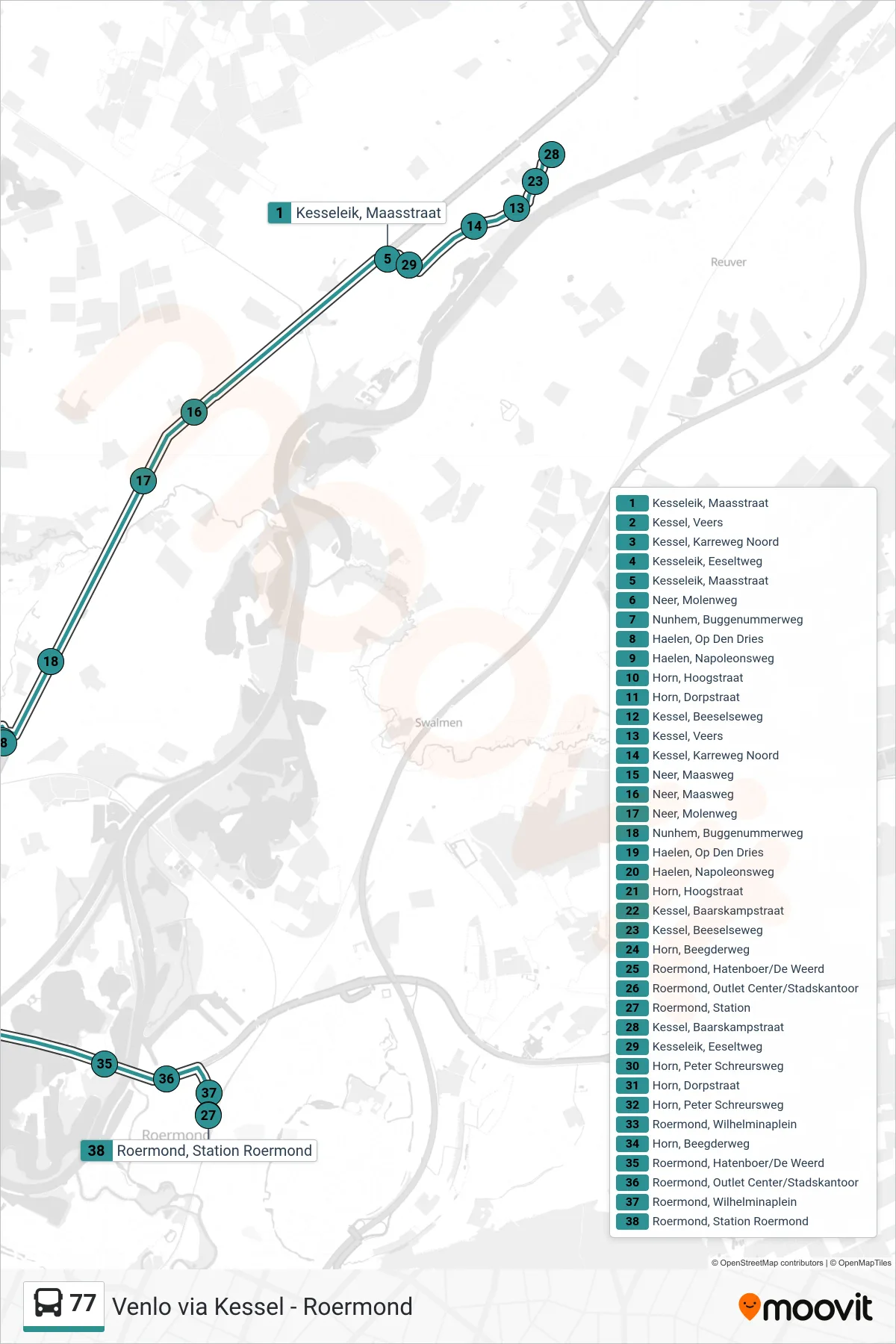 Lijn 77 (bus, Roermond Station): route en haltes op de kaart