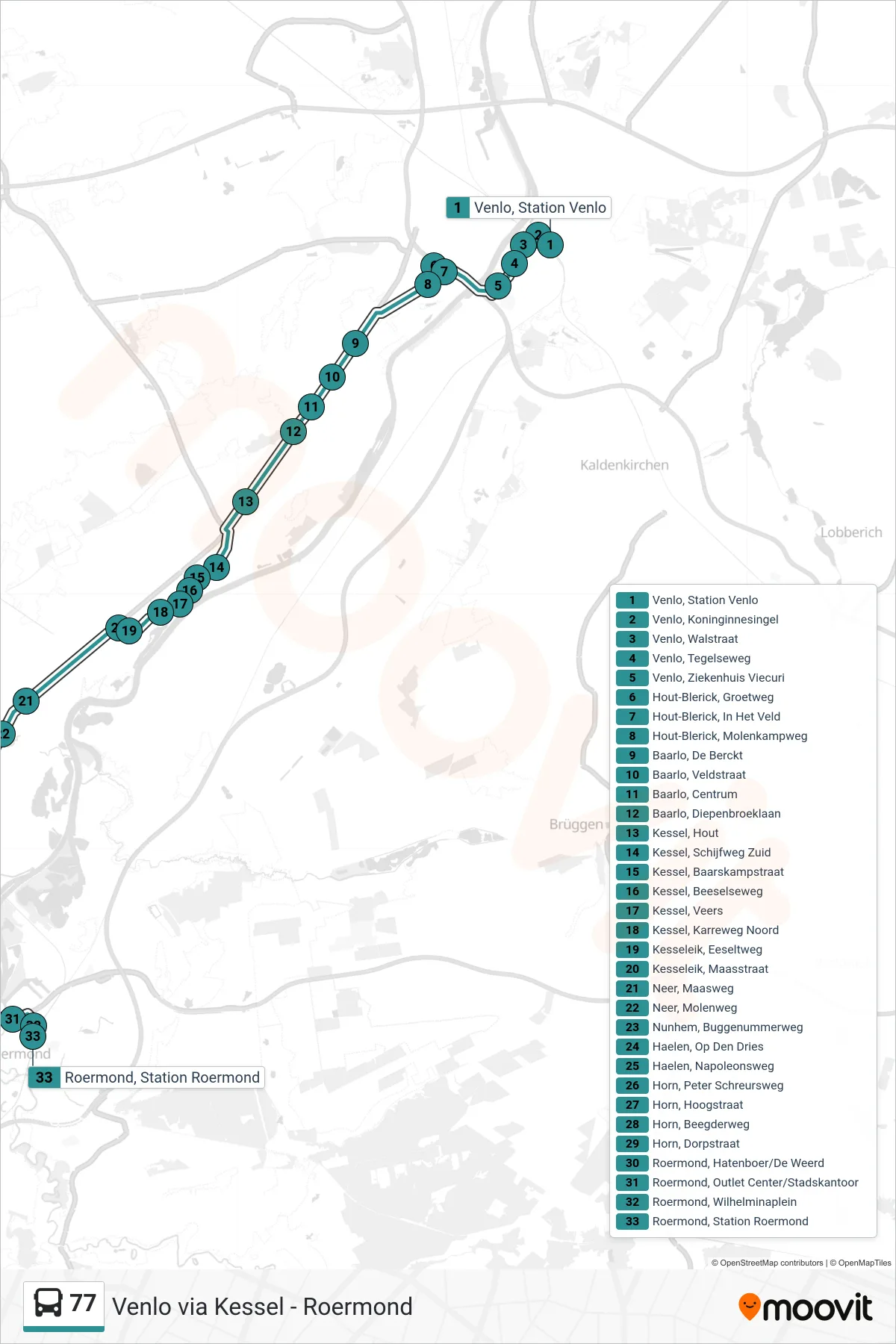 77 bus Line (Roermond) route and stops on a map