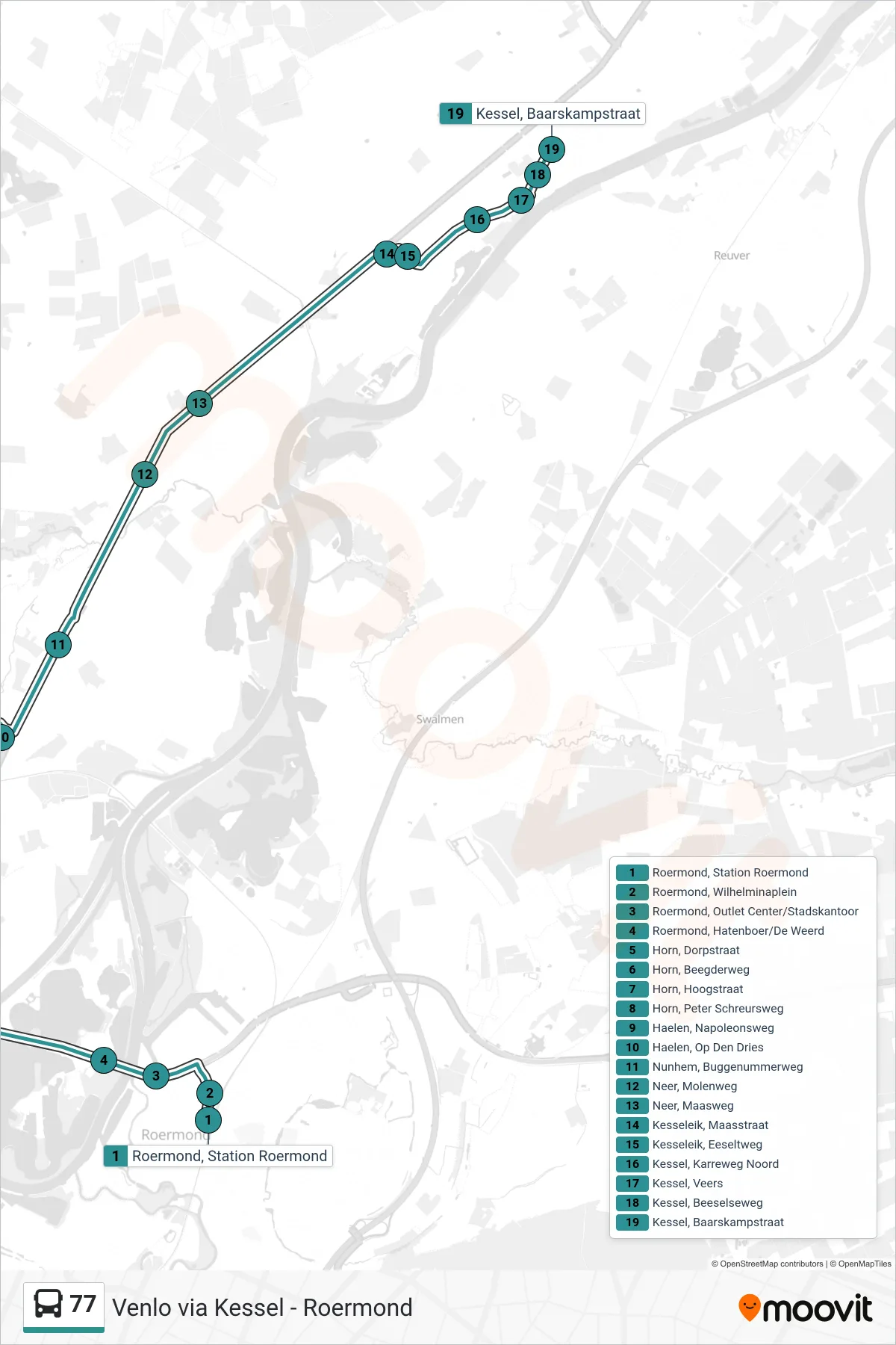 77 bus Line (Kessel) route and stops on a map