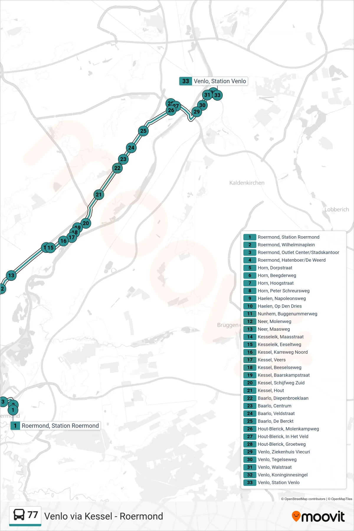 77 bus Line (Venlo) route and stops on a map