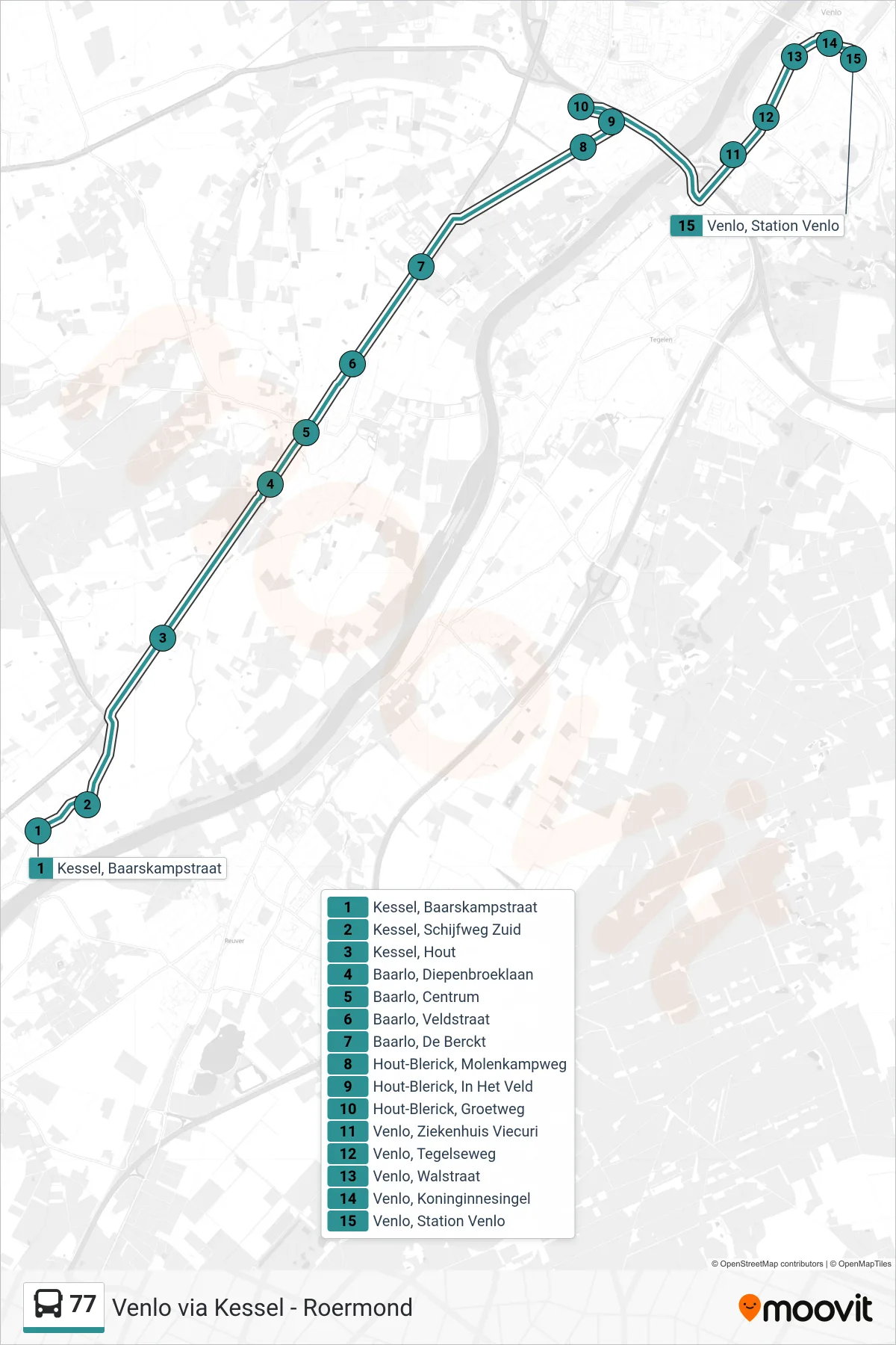77 bus Line (Venlo Station) route and stops on a map