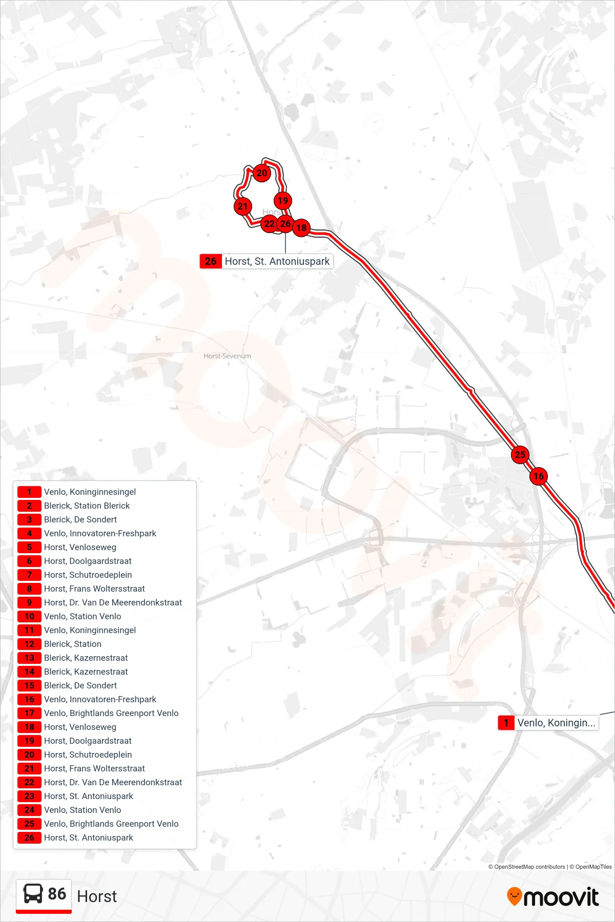 Lijn 86 (bus, Horst): route en haltes op de kaart