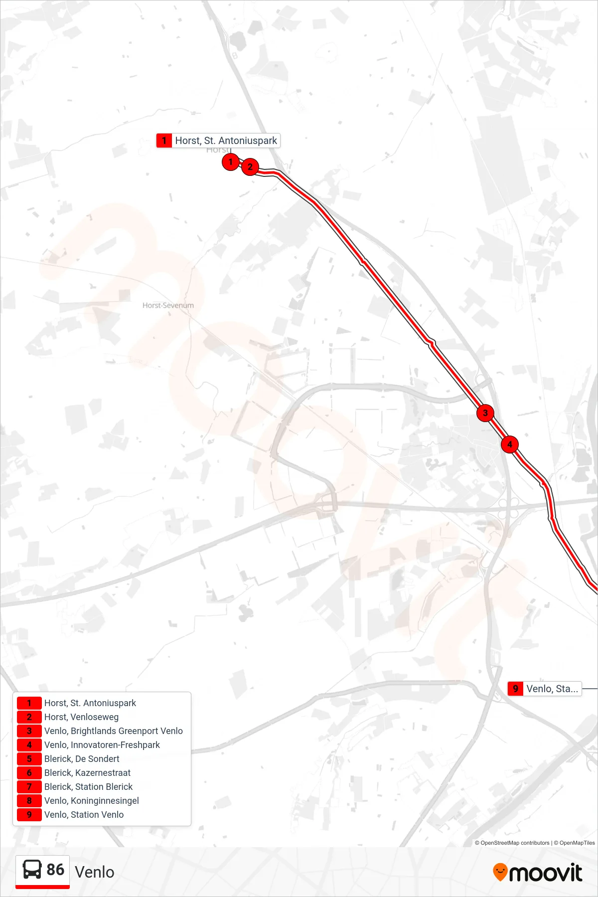 Lijn 86 (bus, Venlo): route en haltes op de kaart